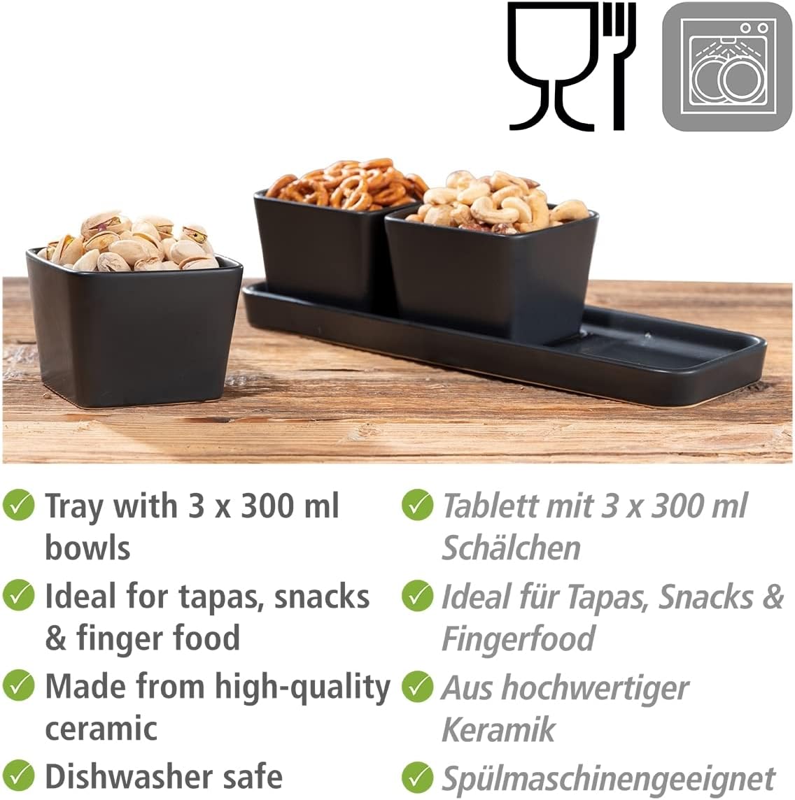 Snack & Dip Schalen Set, Schwarz 30 x 10 x 8 cm
