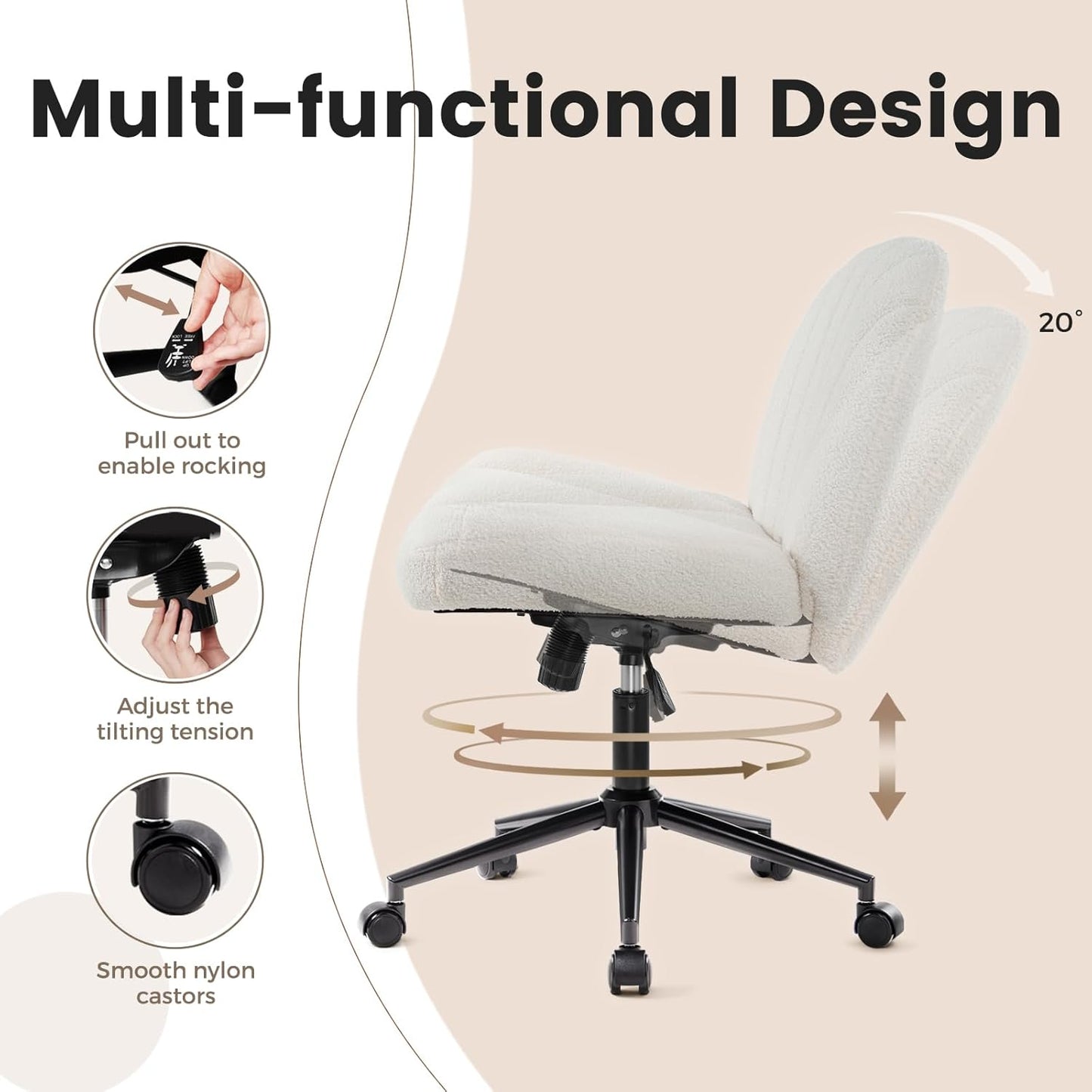 Ergonomischer Bürostuhl ohne Armlehnen, höhenverstellbar, Weiss Mit Rädern