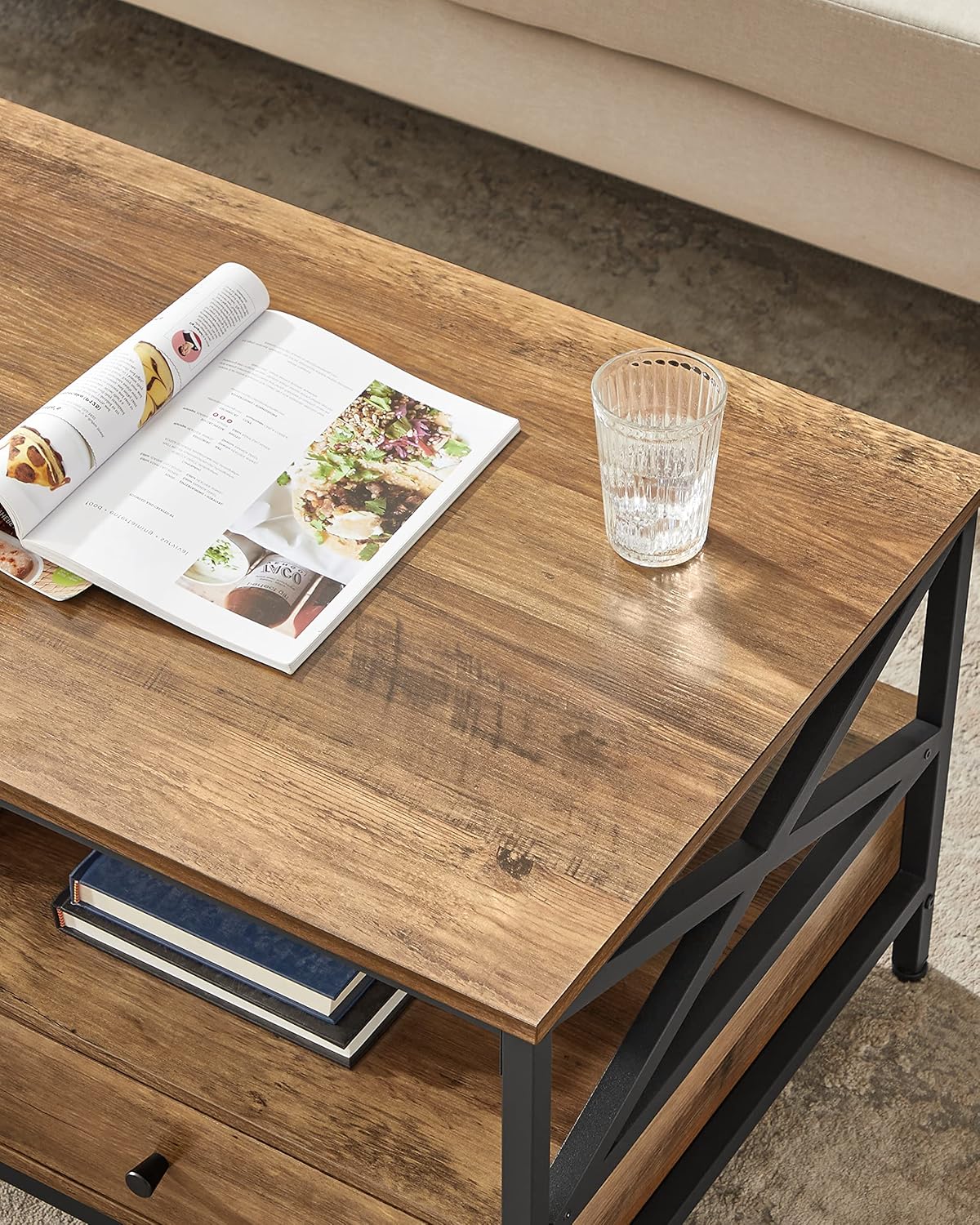 Couchtisch im Industrie-Design mit Schubladen, Braun