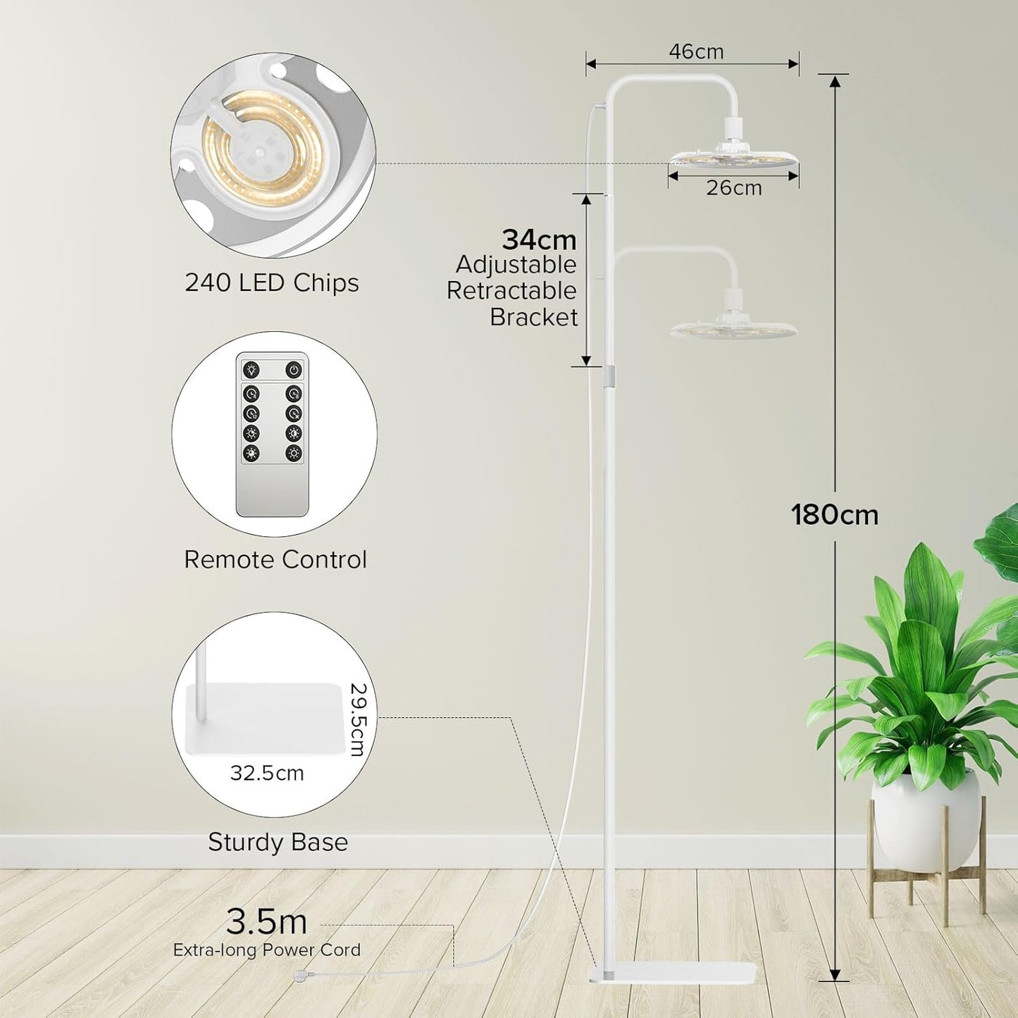 Höhenverstellbare LED-Pflanzenlampe mit Fernbedienung, 120-180 cm