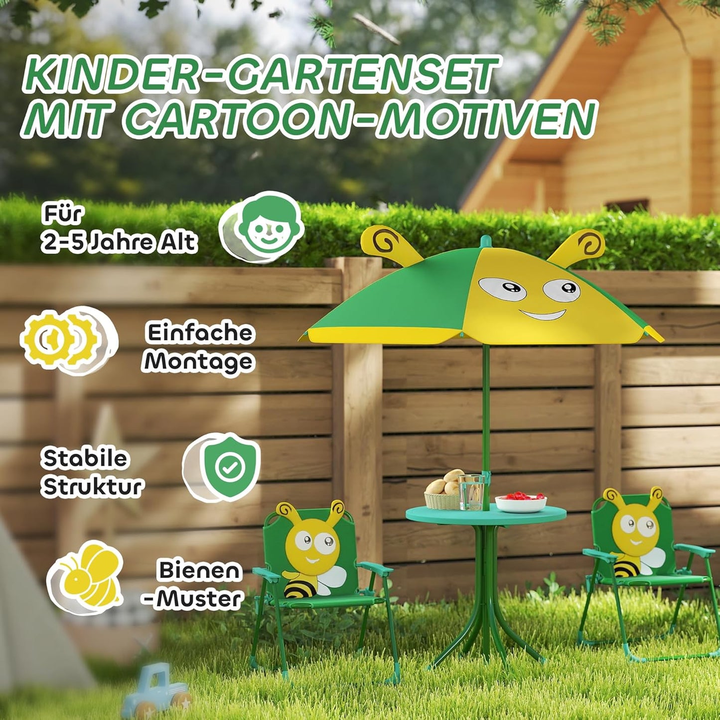 Kindersitzgruppe mit Tisch und Klappstühlen, Dunkelgrün-bienenmuster