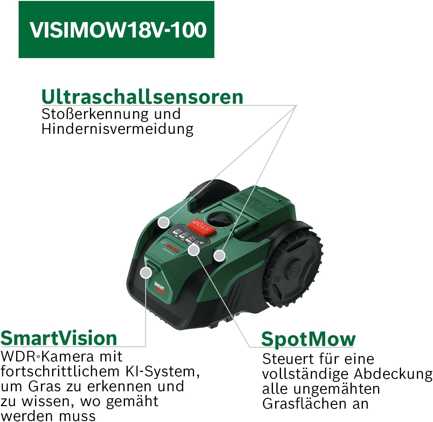Akku-Mähroboter VisiMow 18V-100, 1 Akku + 1 Ladegerät + Ersatzmesser