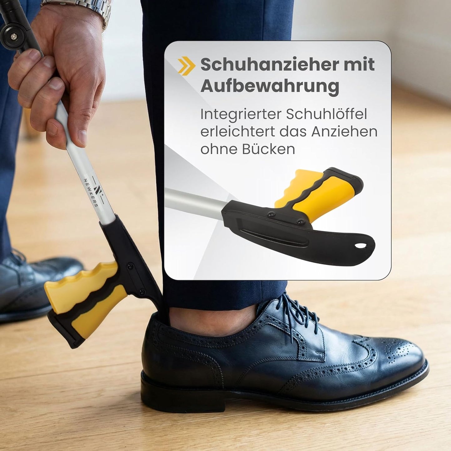 Faltbare Greifzange mit Schuhanzieher, Gelb Silber