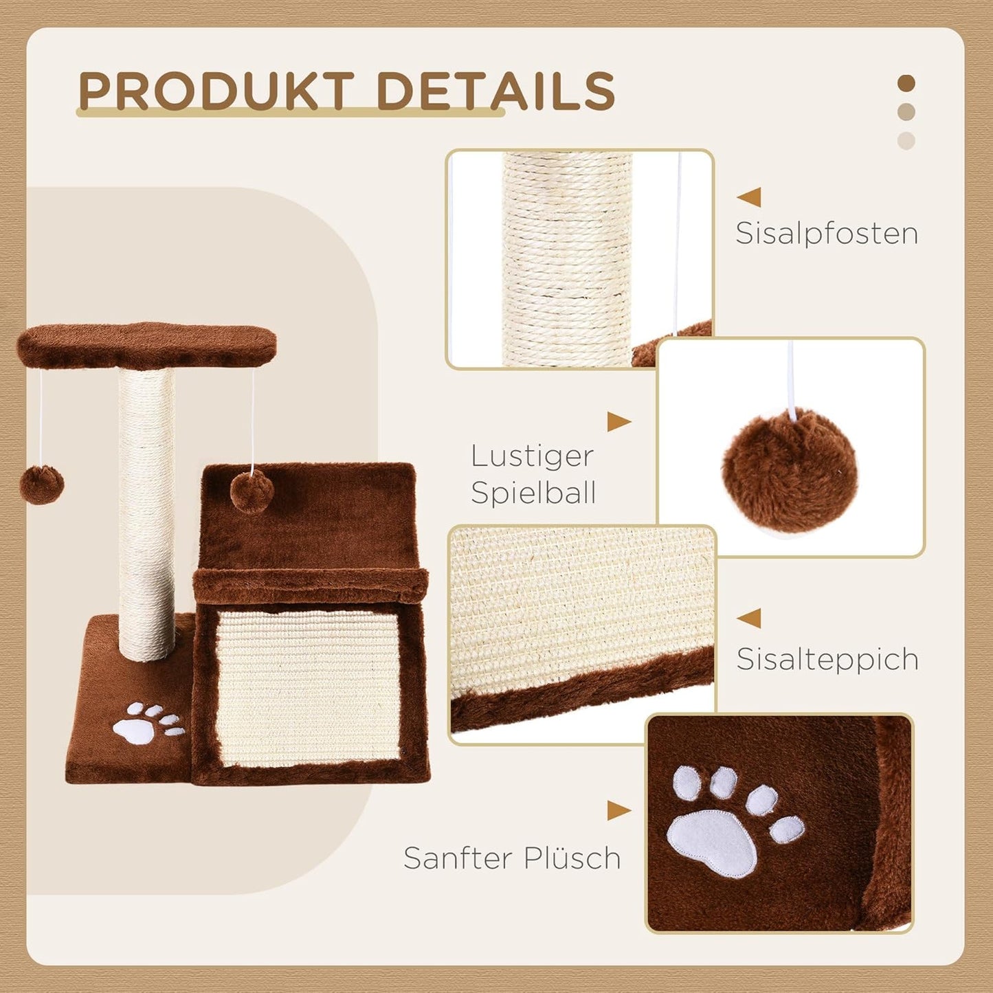 Katzenkratzbaum mit Spielball 43 cm hoch, Braun 40L x 30B x 43H cm