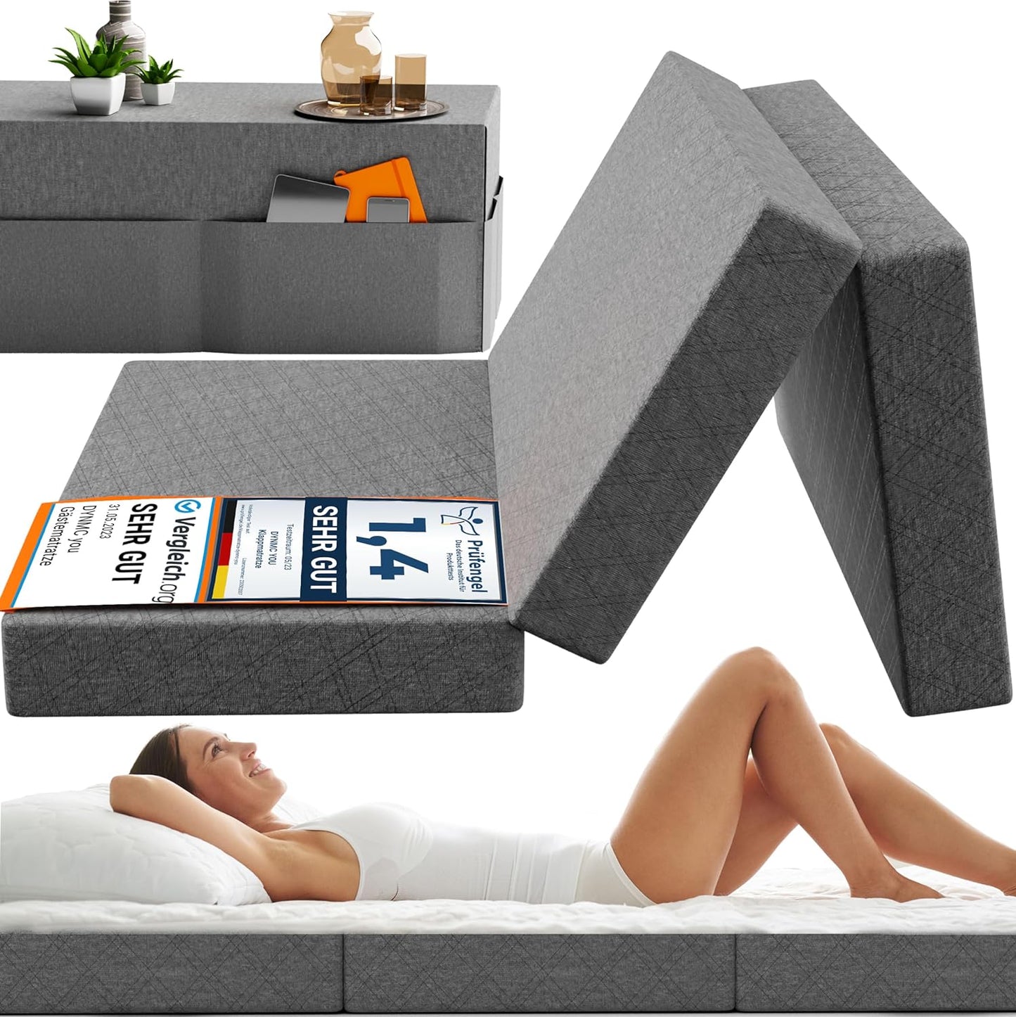 Klappmatratze BED013, Dunkelgrau, 195x120x14 cm inkl. Husse
