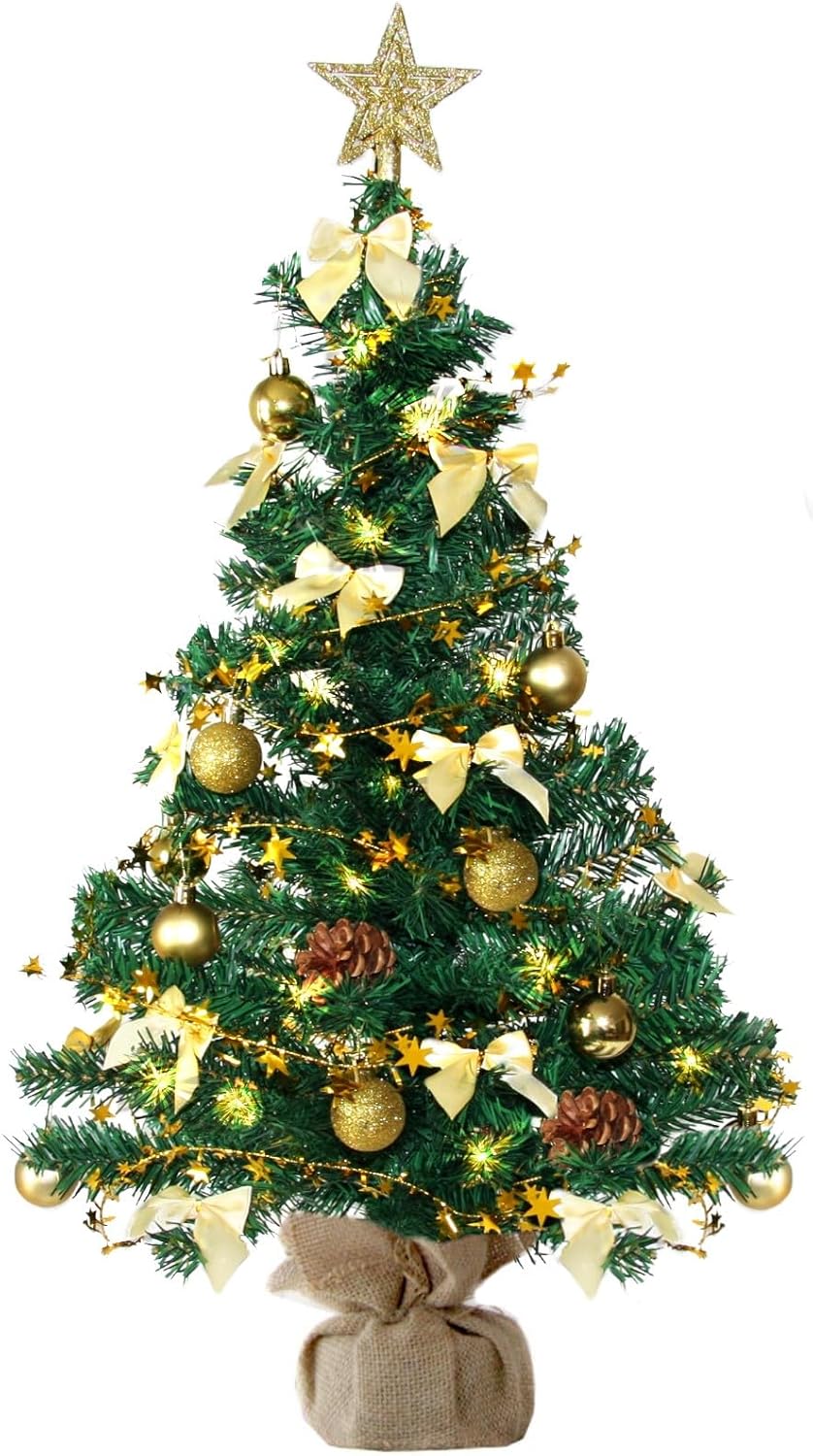 Künstlicher Weihnachtsbaum mit LED-Lichterkette, 75 cm / Grün-gold-braun+warmweiss