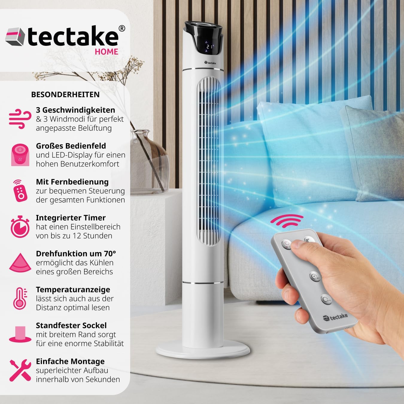 Turmventilator mit Fernbedienung und Timer, 31 x 110 cm