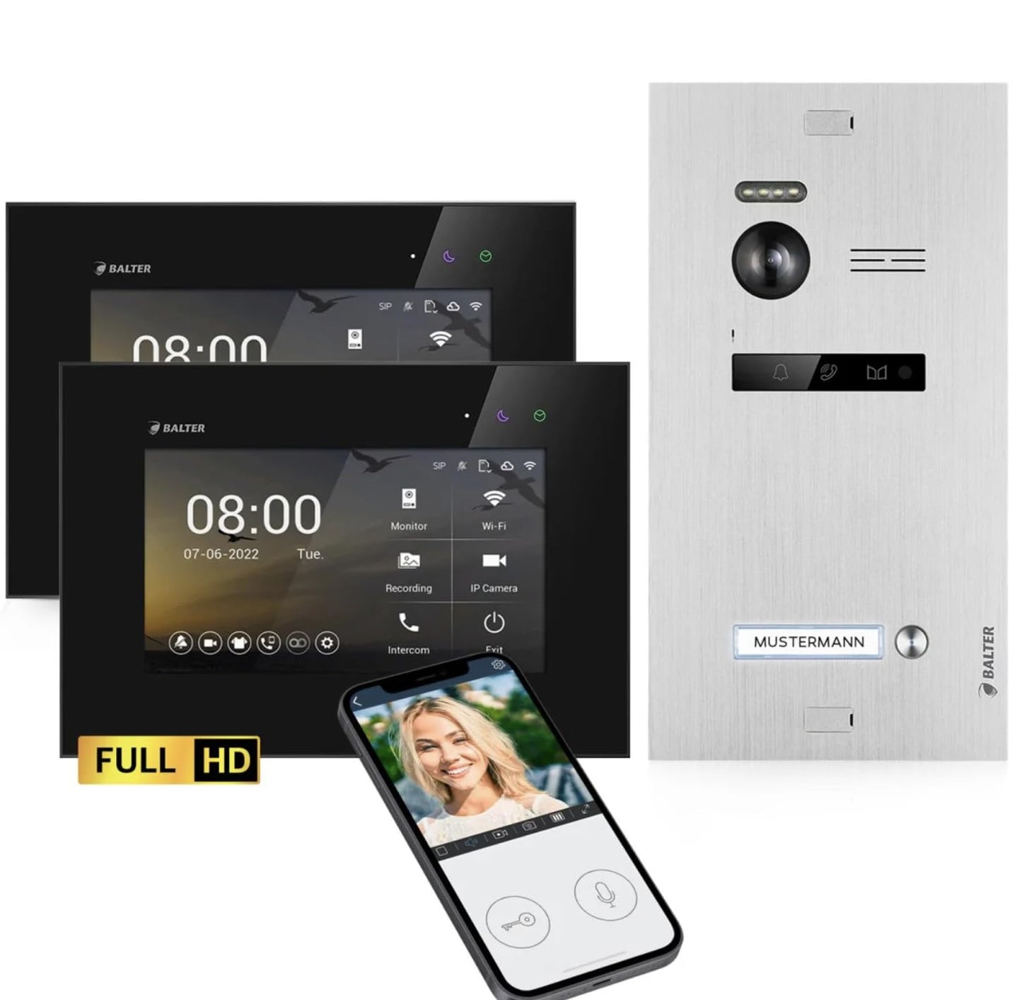 Balter EVO-HD Video-Türsprechanlage mit Touchscreen & Weitwinkelkamera, Schwarz/Silber mit Wi-fi 2 Monitore