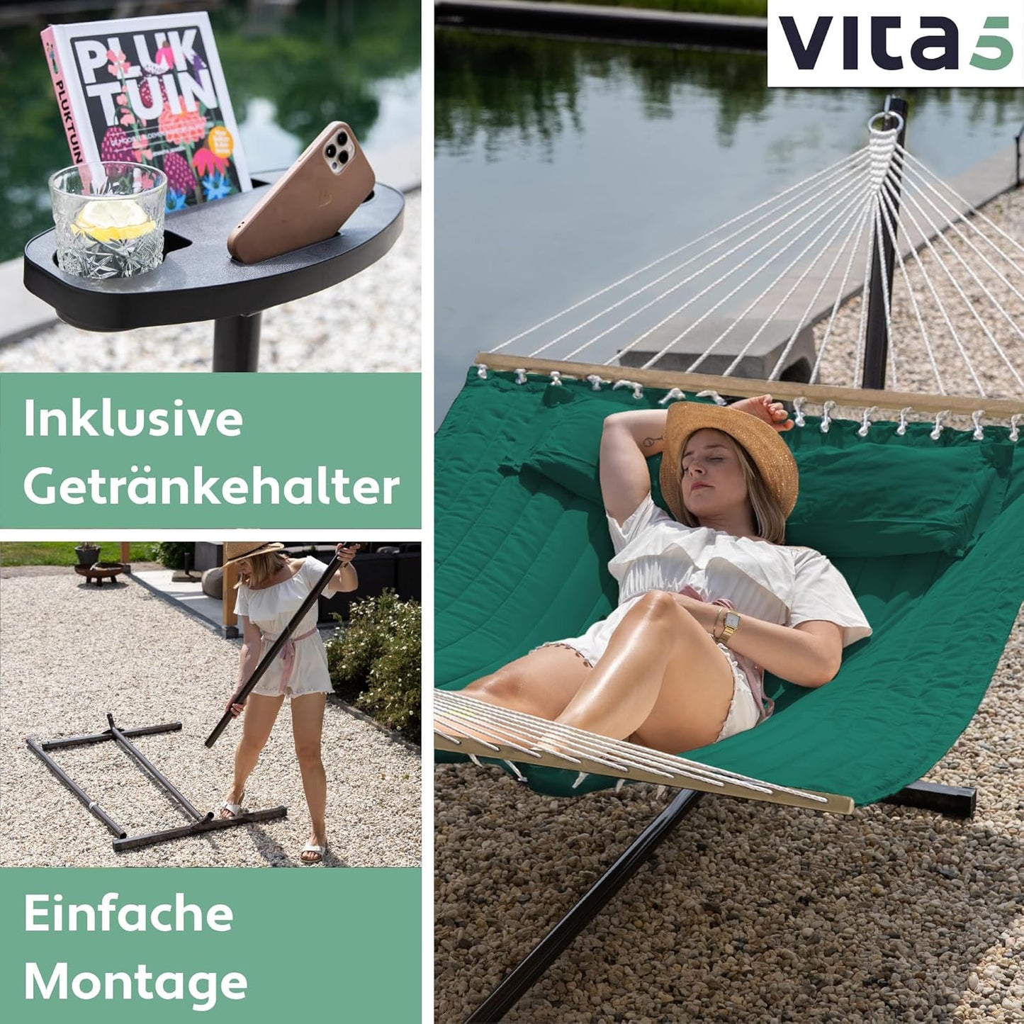 Hängematte mit Gestell und Ablage, Grün mit Tisch
