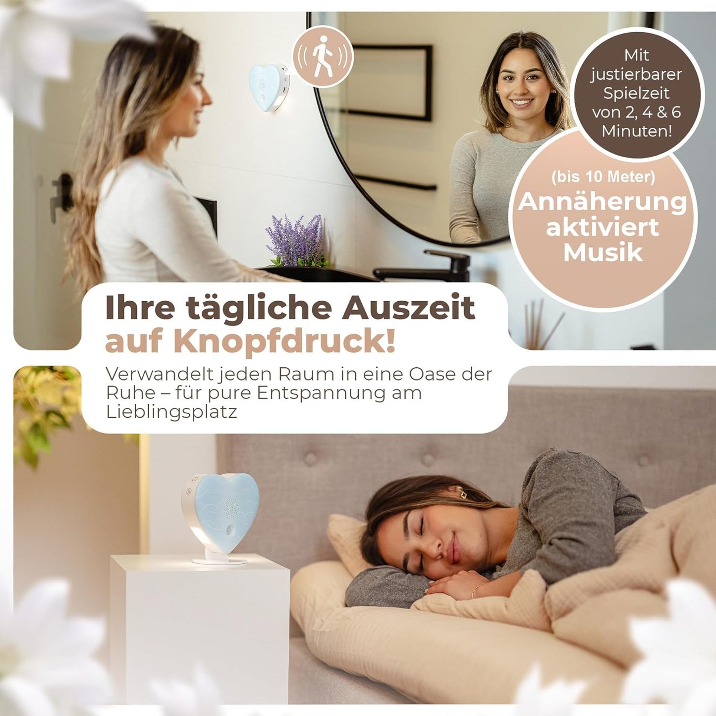 Naturgeräusche-Box mit Bewegungsmelder, Nachtlicht und 18 Klängen, Pastell-blau Herz