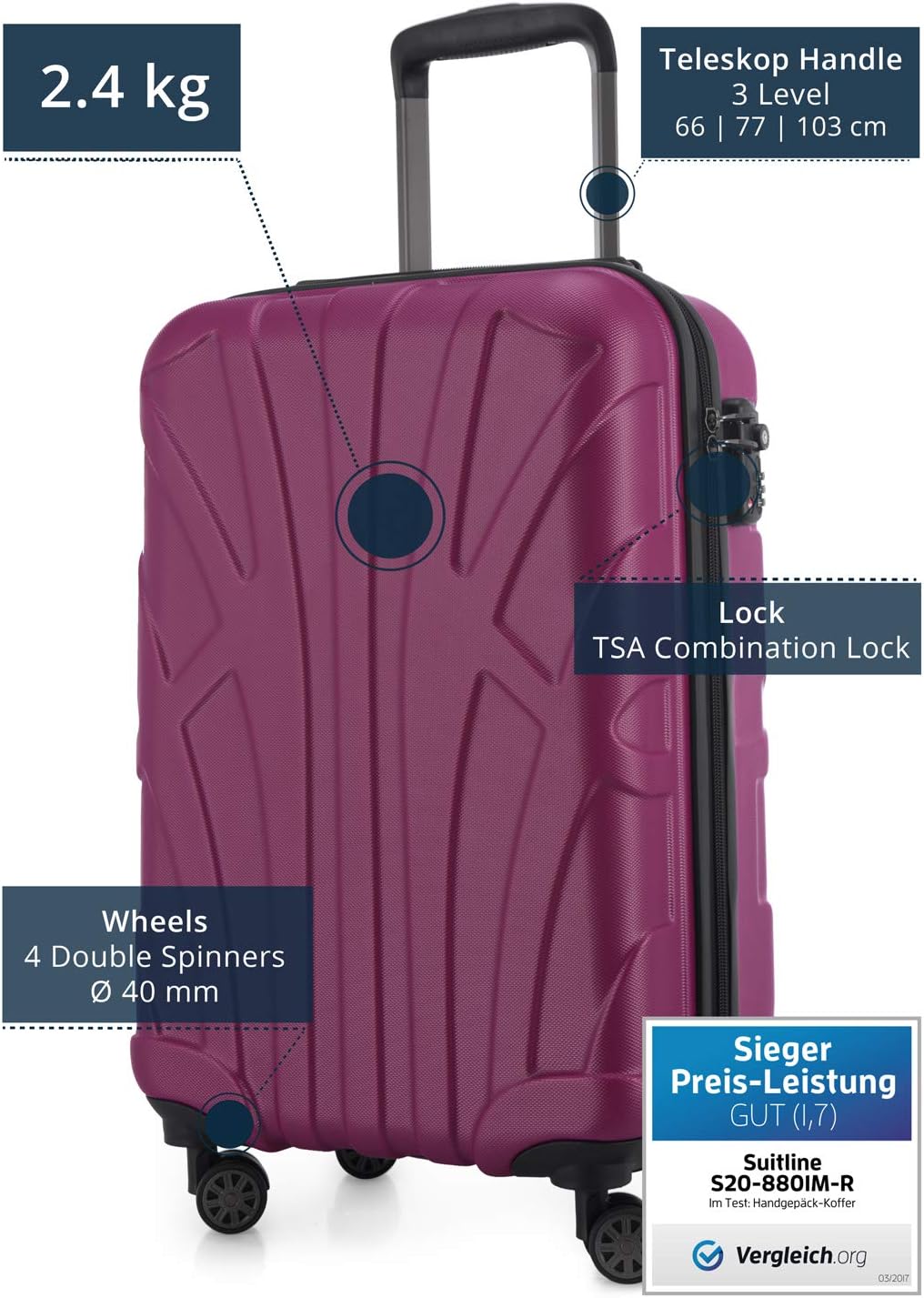 Handgepäck Hartschalen-Koffer, Magenta 55 cm