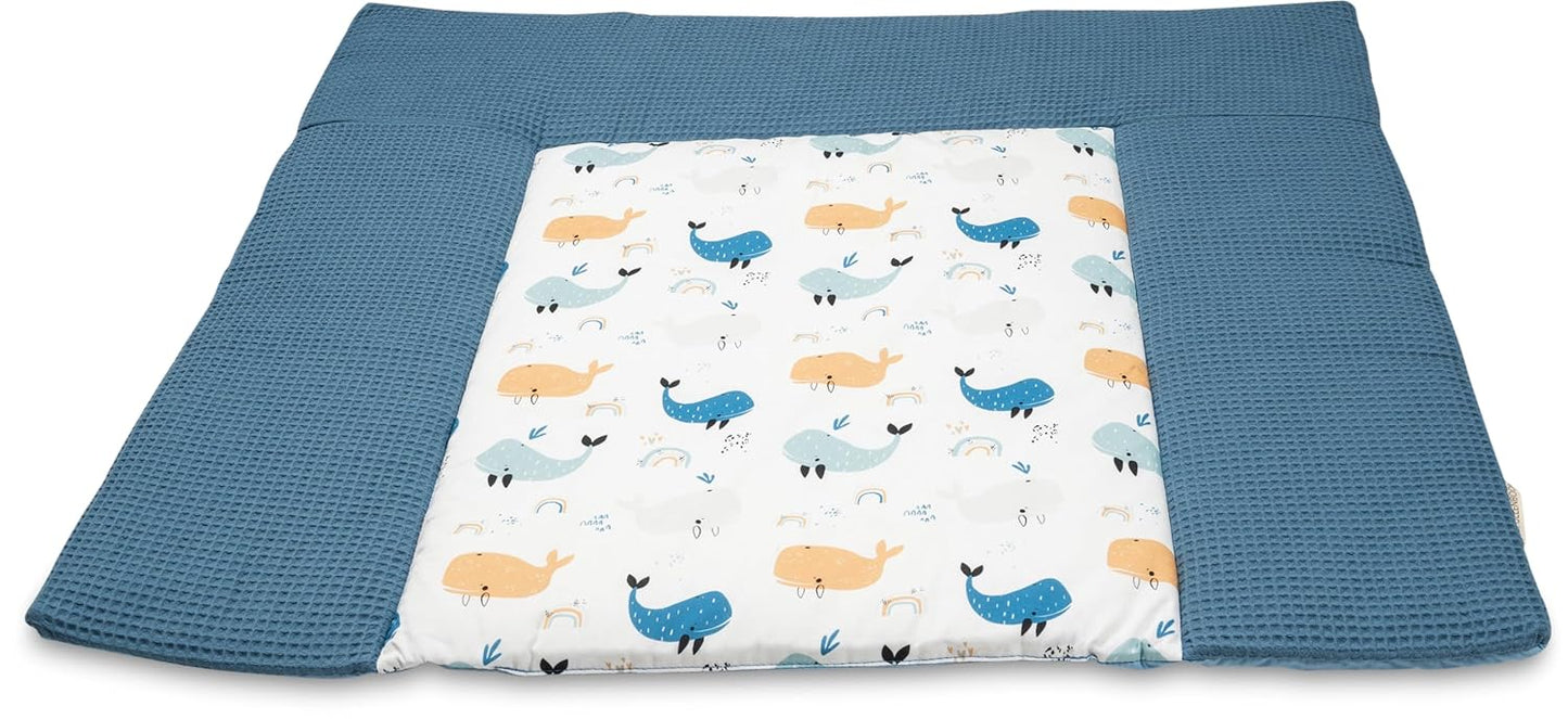 Waschbare Wickelauflage Blau Wale, 85x75 cm, Blau Wale Wickelauflage