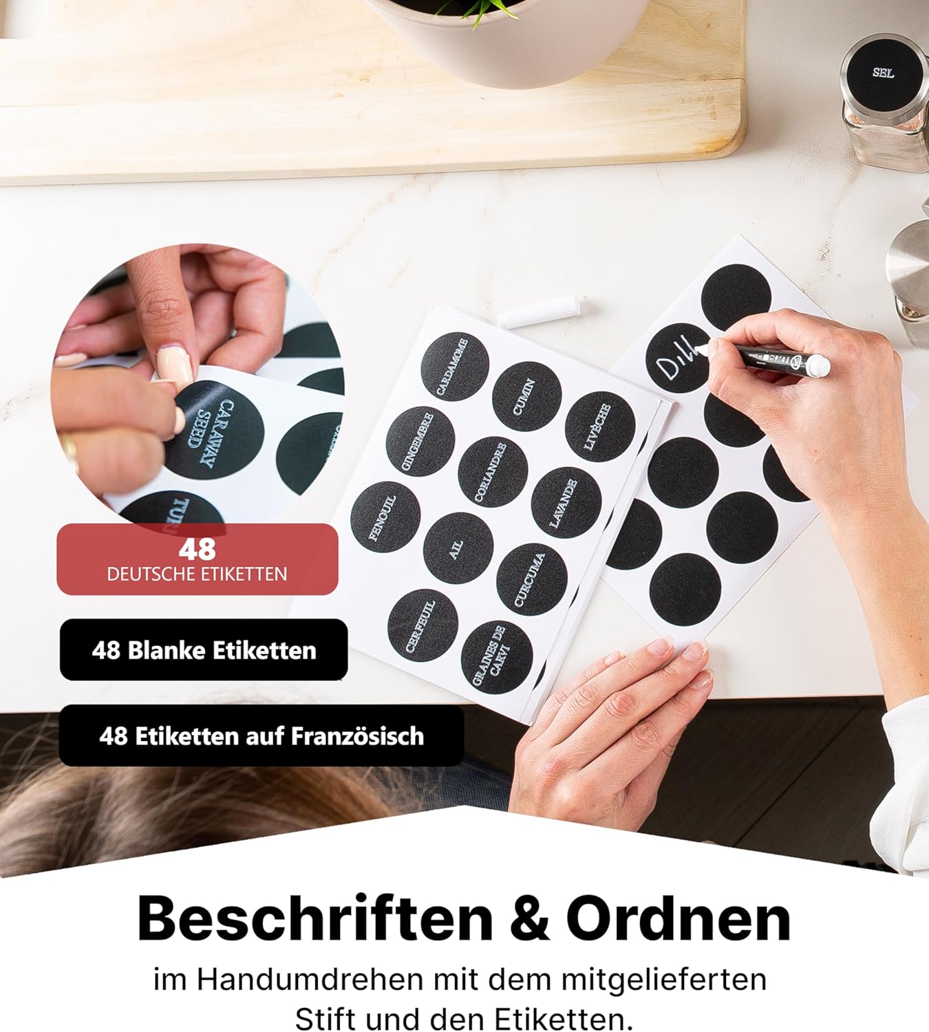 Gewürzregal mit Gewürzgläsern, Schwarz, Deckel Bambus