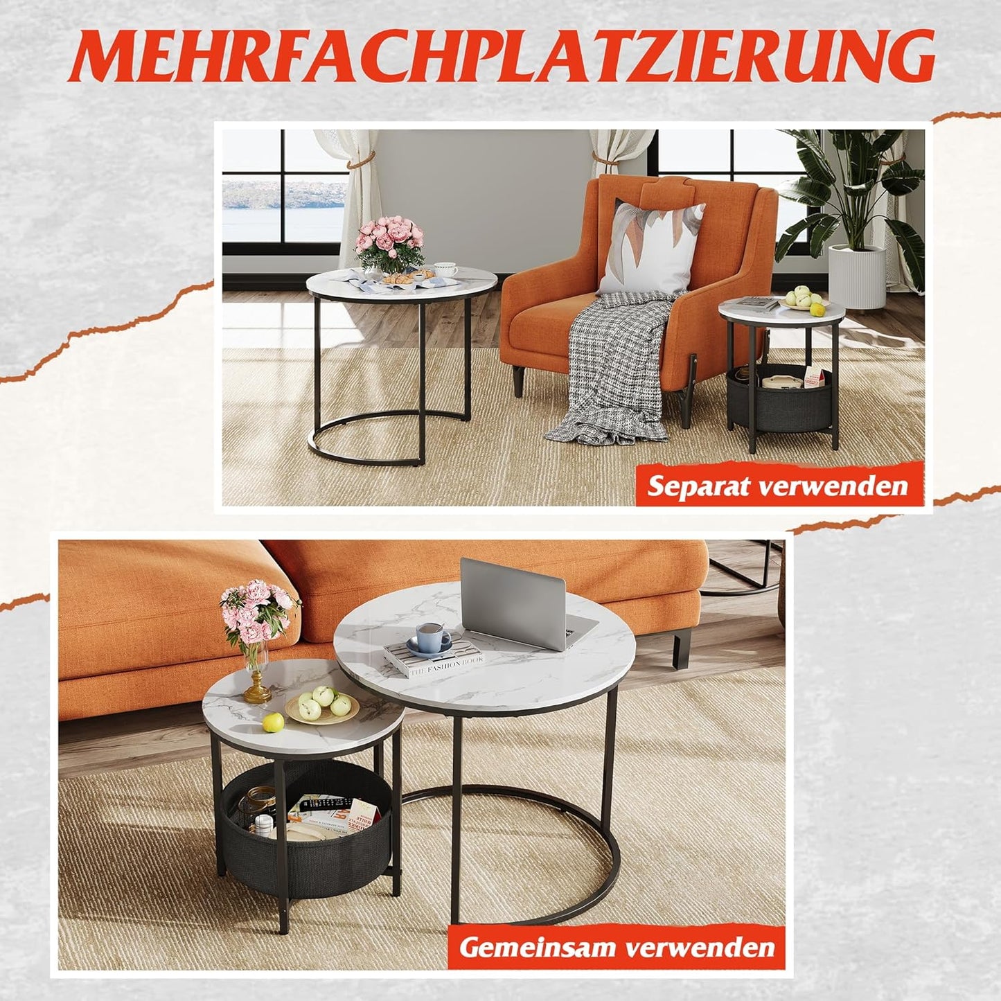 2-in-1-Set Couchtische, Marmor Weiß