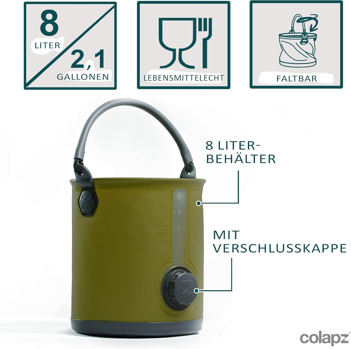 2-in-1 Faltbarer Wasserkanister mit Hahn, 8l, Olivgrün