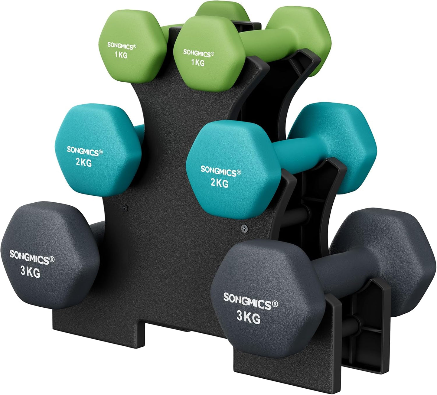 Hantel-Set mit Aufbewahrung, 12kg,limettengrün + aquamarin + dunkelgrau