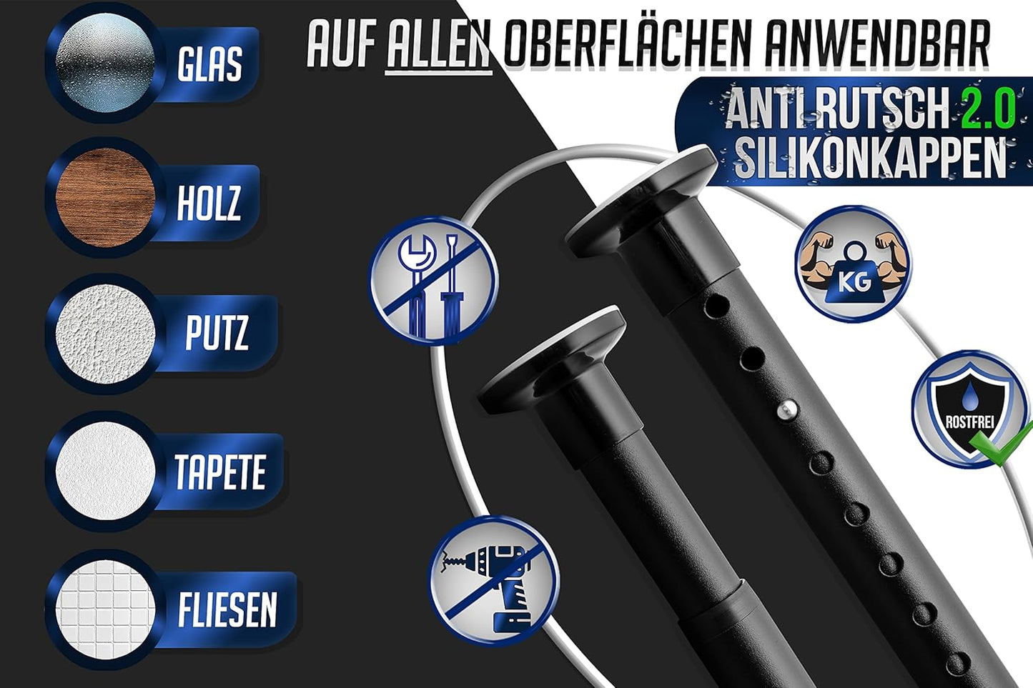 Teleskop-Duschvorhangstange ohne Bohren, 260-310 cm Matt Schwarz