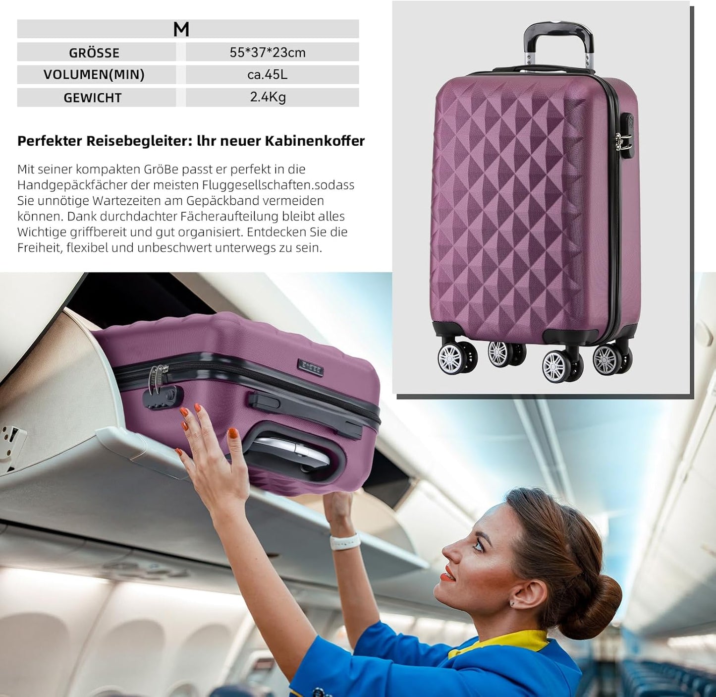 Hartschalen-Koffer-Set mit Zwillingsrollen (3-teilig), Violett M+L+XL (Set)