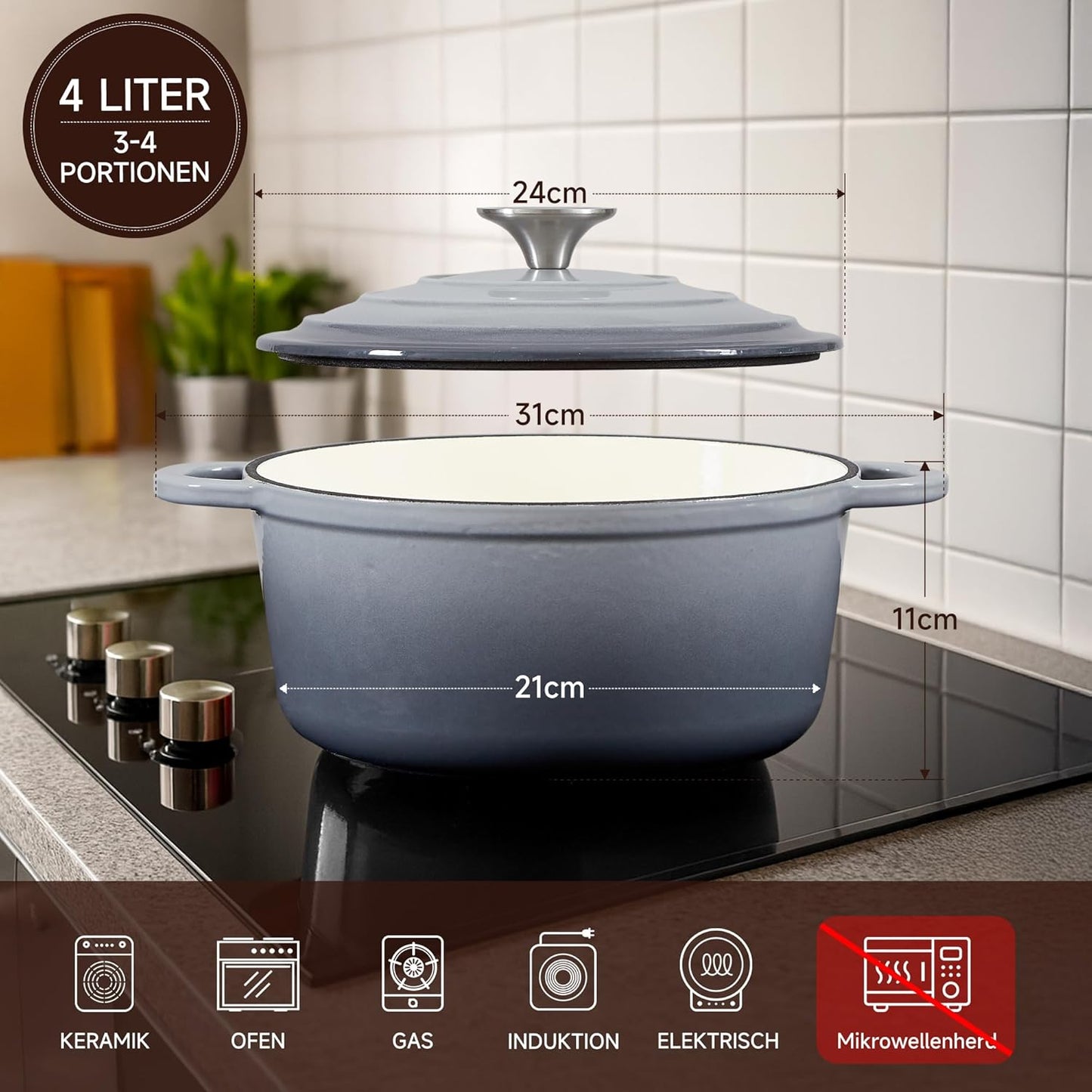 Schmortopf mit Deckel & Topflappen, 24cm/4L Grau