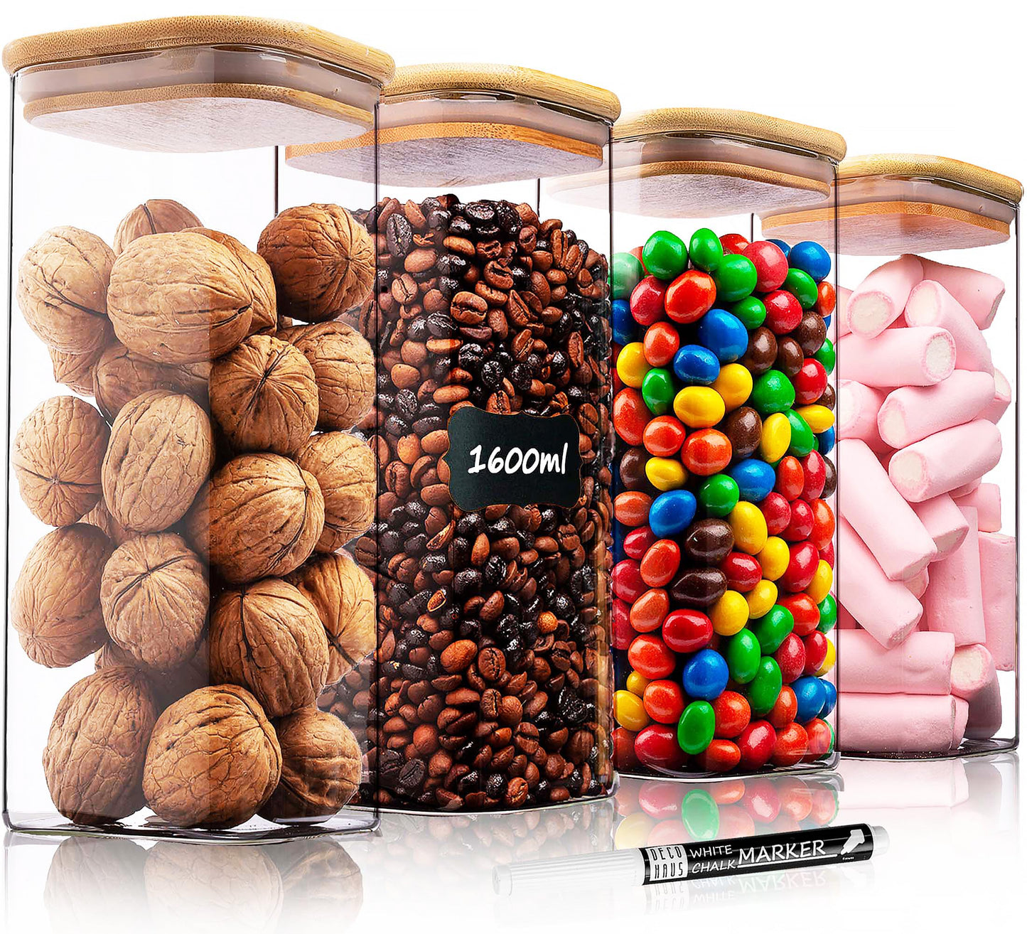 Vorratsgläser-Set mit Deckel, 4er Set - 1600 ml, Eckig, 1 Grösse