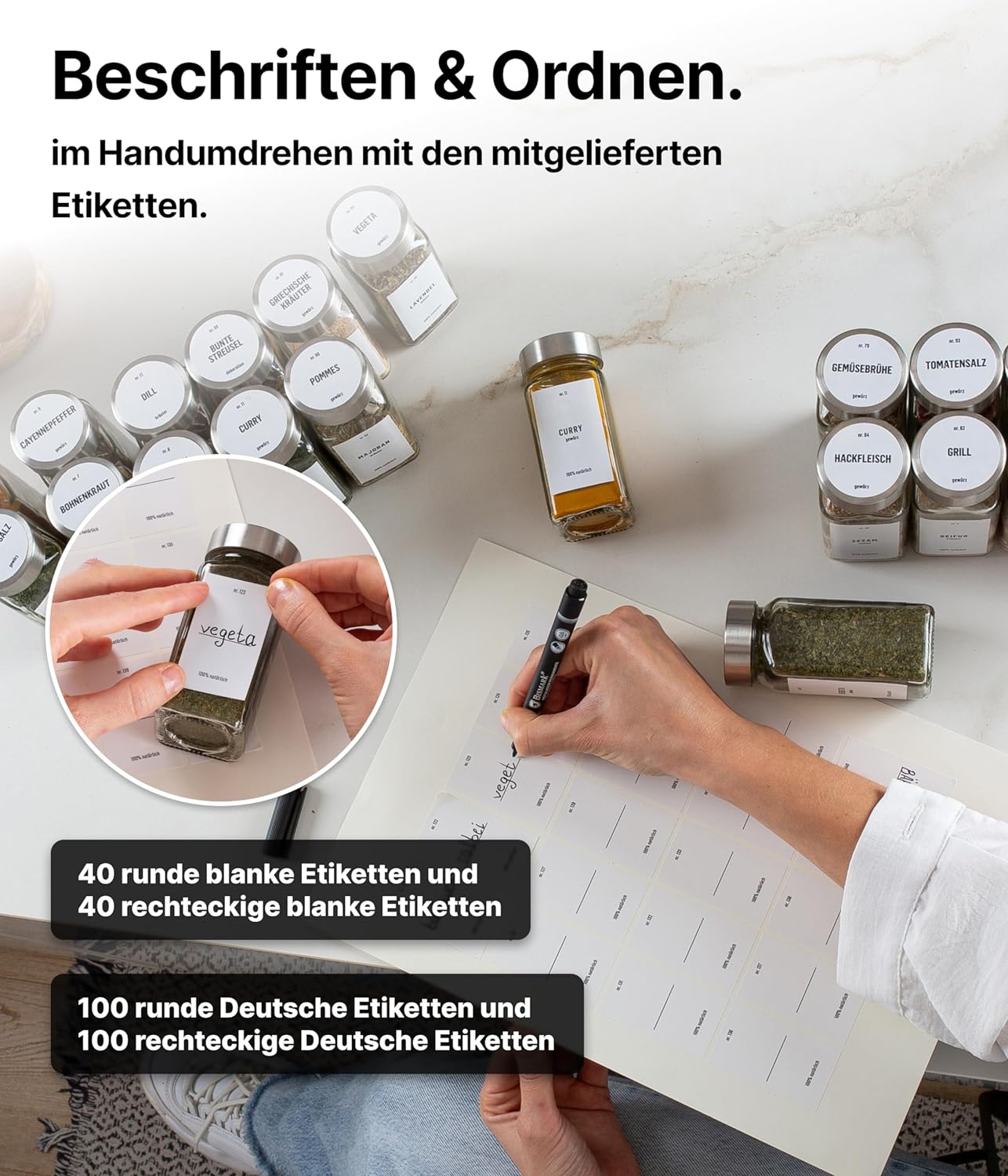 Gewürzgläser-Set mit Schraubkappe, 36 Stk., Deckel Edelstahl, Weiss