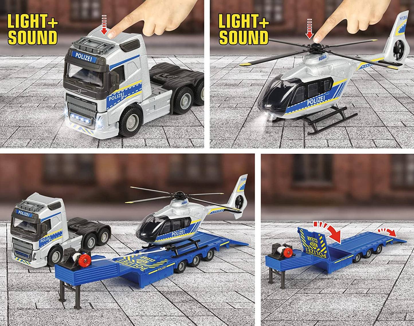 Volvo Polizei-Transporter FH-16 LKW mit Auflieger und Airbus Hubschrauber, Spielfahrzeug