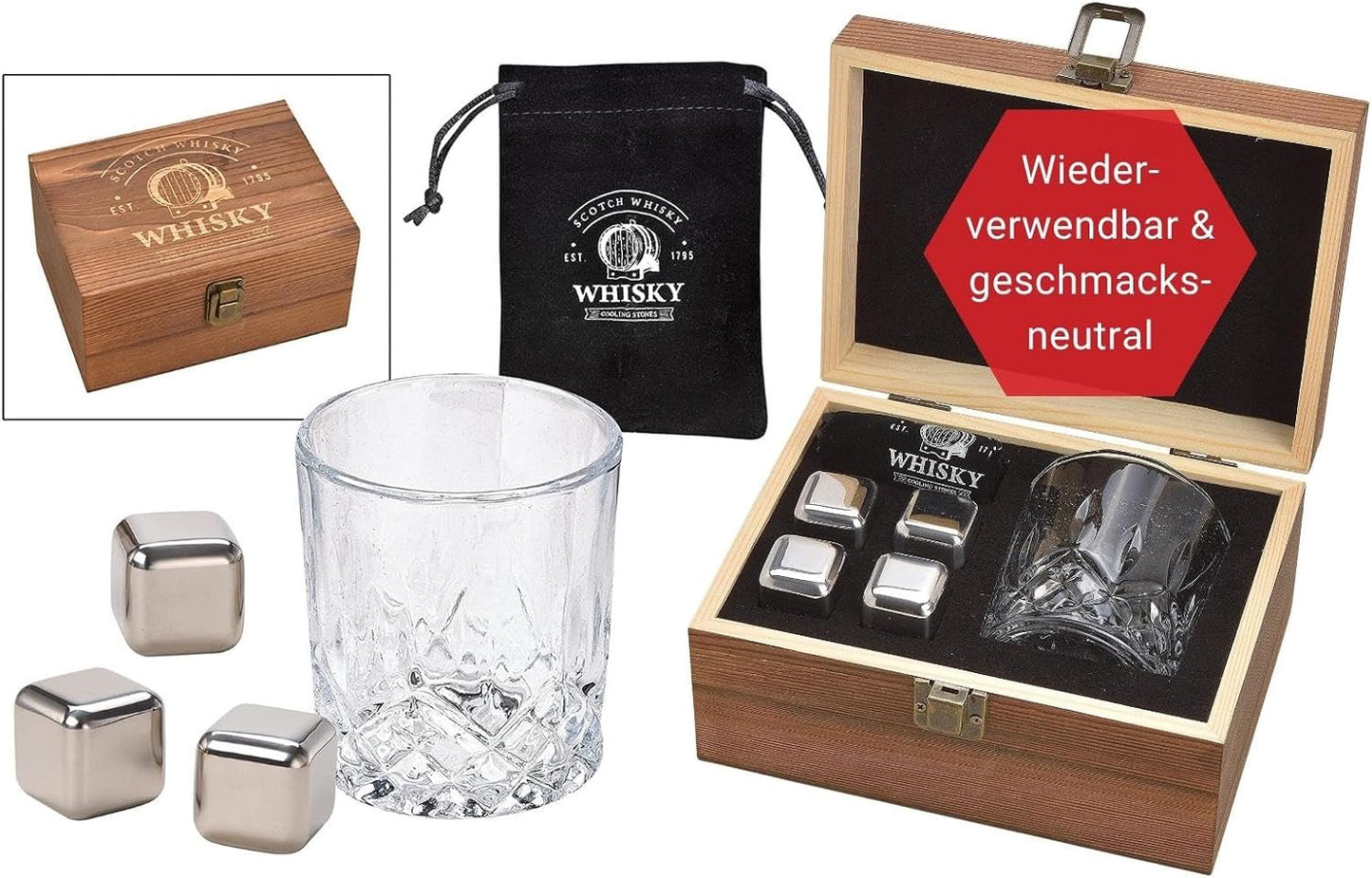 Whisky Steine Set, 4 Kühlsteine, 1 Glas + Holzschachtel