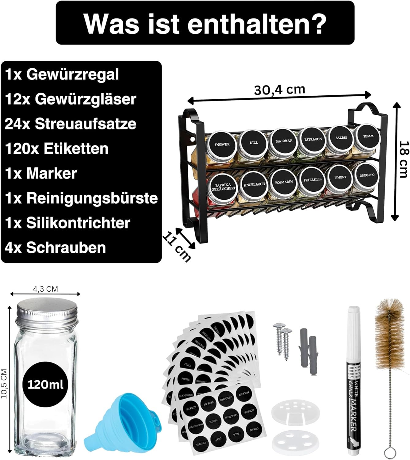 Gewürzregal mit Gewürzgläsern, 12 Set - Schwarz, Deckel Alu
