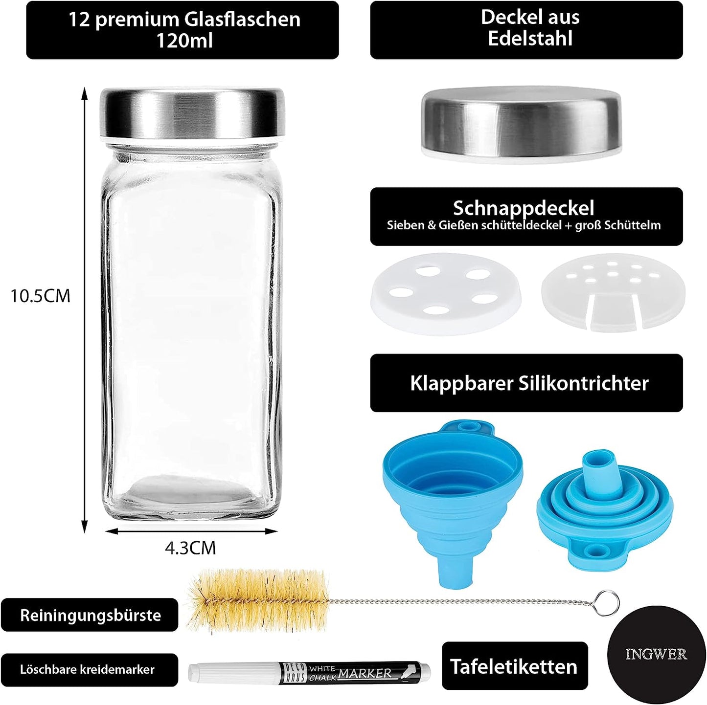 Gewürzgläser-Set mit Schraubkappe, 12er Set, Deckel Edelstahl