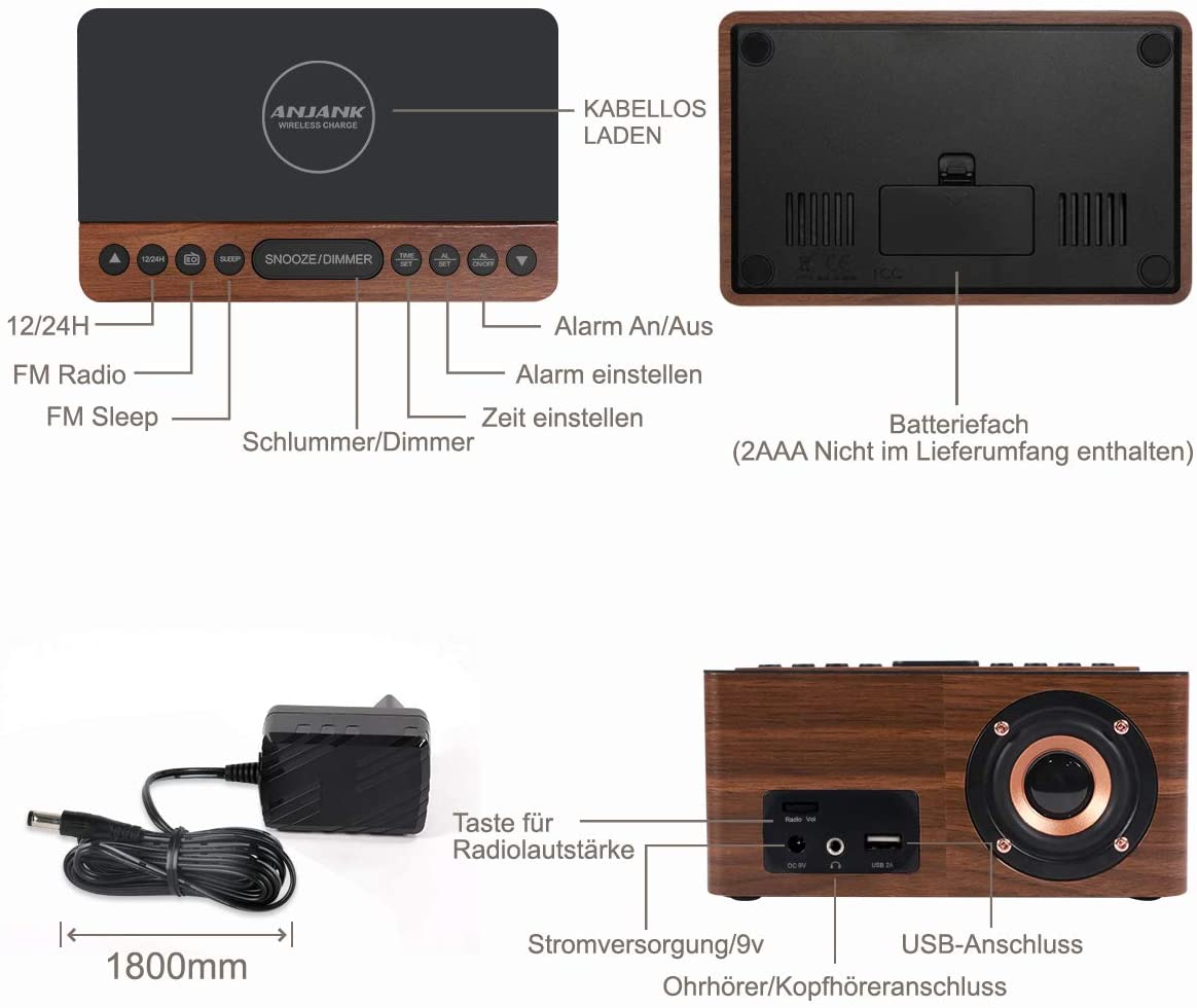 Digitaler Radiowecker mit adaptiver Ladefunktion, braun