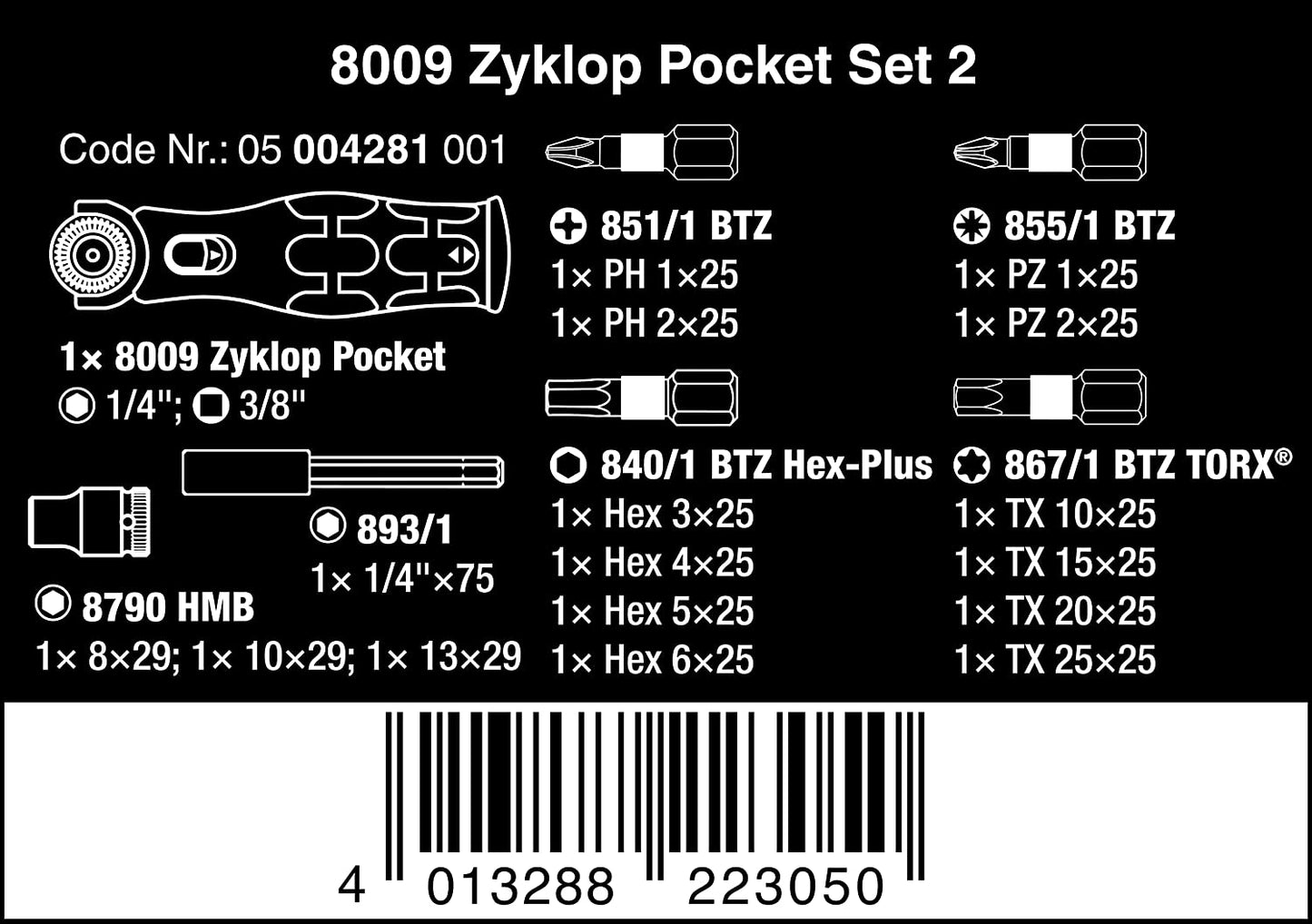 8009 Zyklop Pocket Set 2, 18-teilig, Bit-Satz, Chrom 17-teilig Single