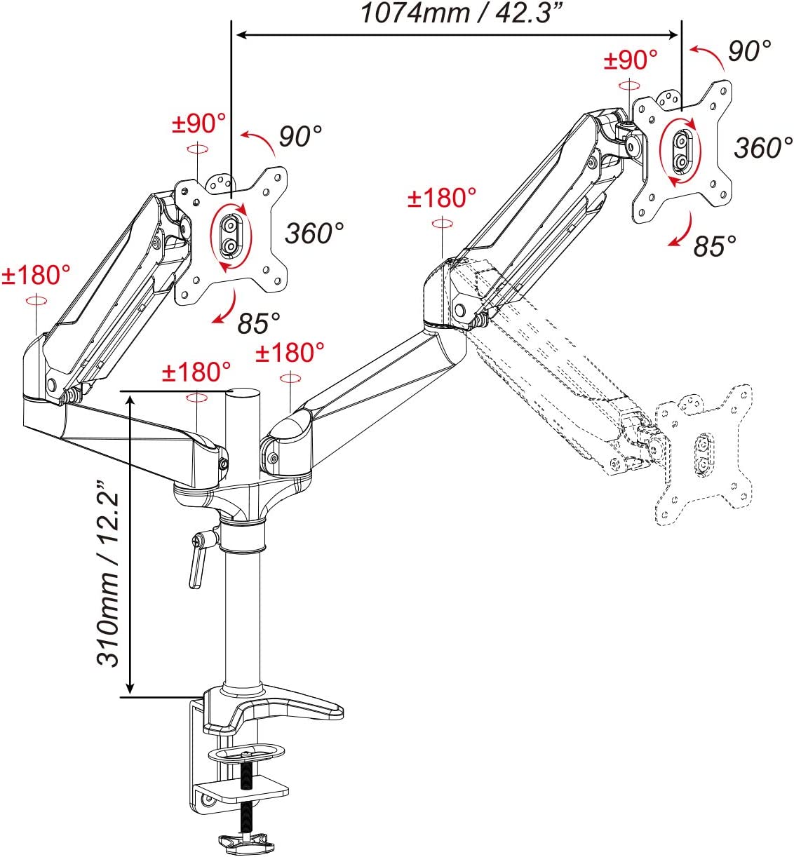 Dual-Monitorhalterung, 2 Monitore bis 32" (Max. 8kg je Arm)