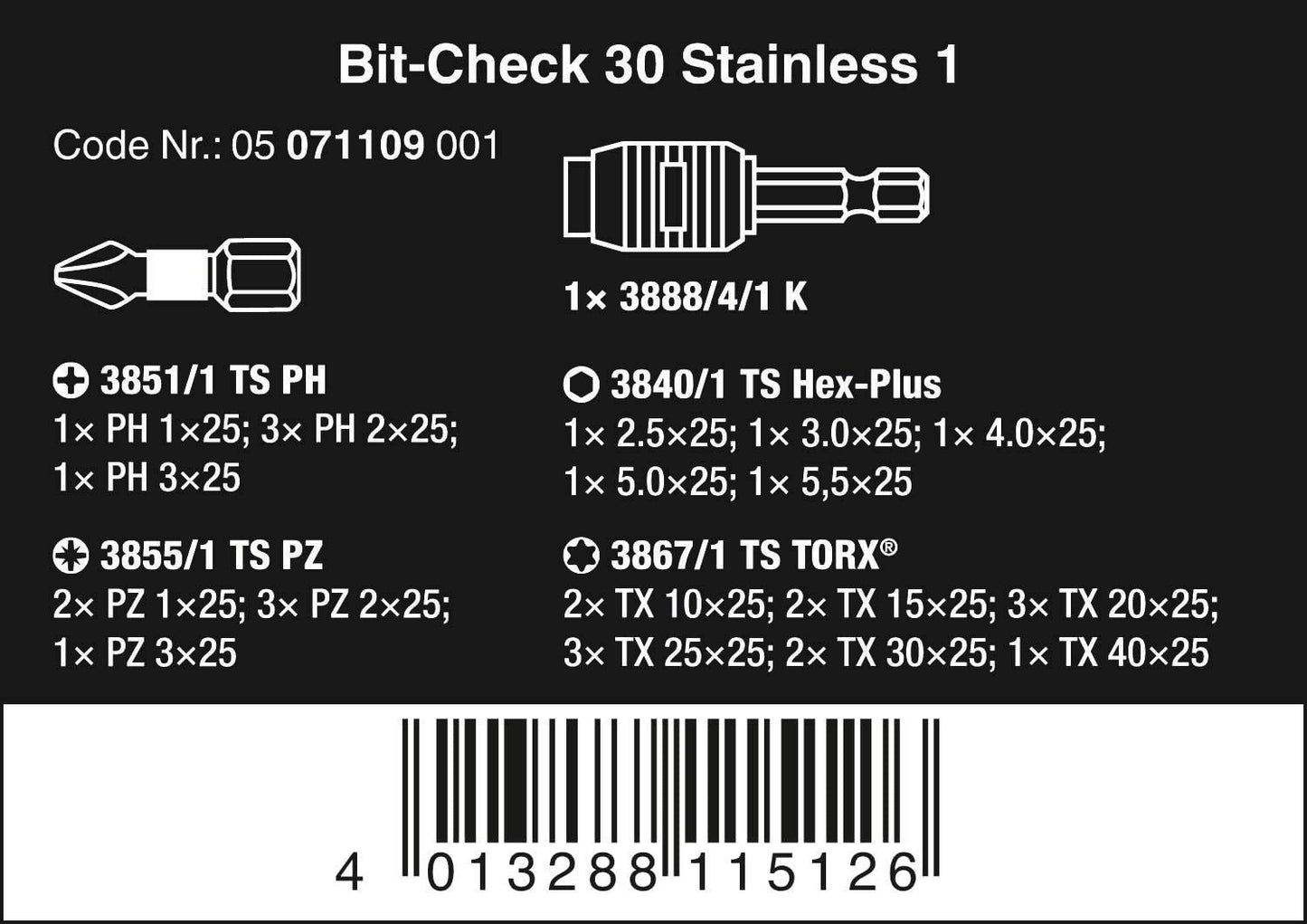Bit-Check 30 Stainless 1, 1/4", 30-teilig, Bit-Satz
