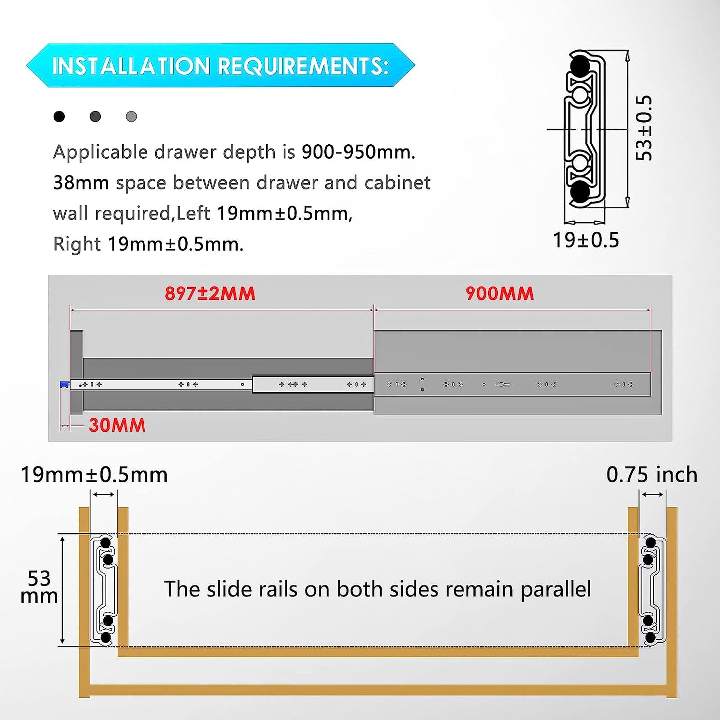 Schubladenschiene Vollauszug, 53mm Wide (With Lock), 36 inch (900mm)