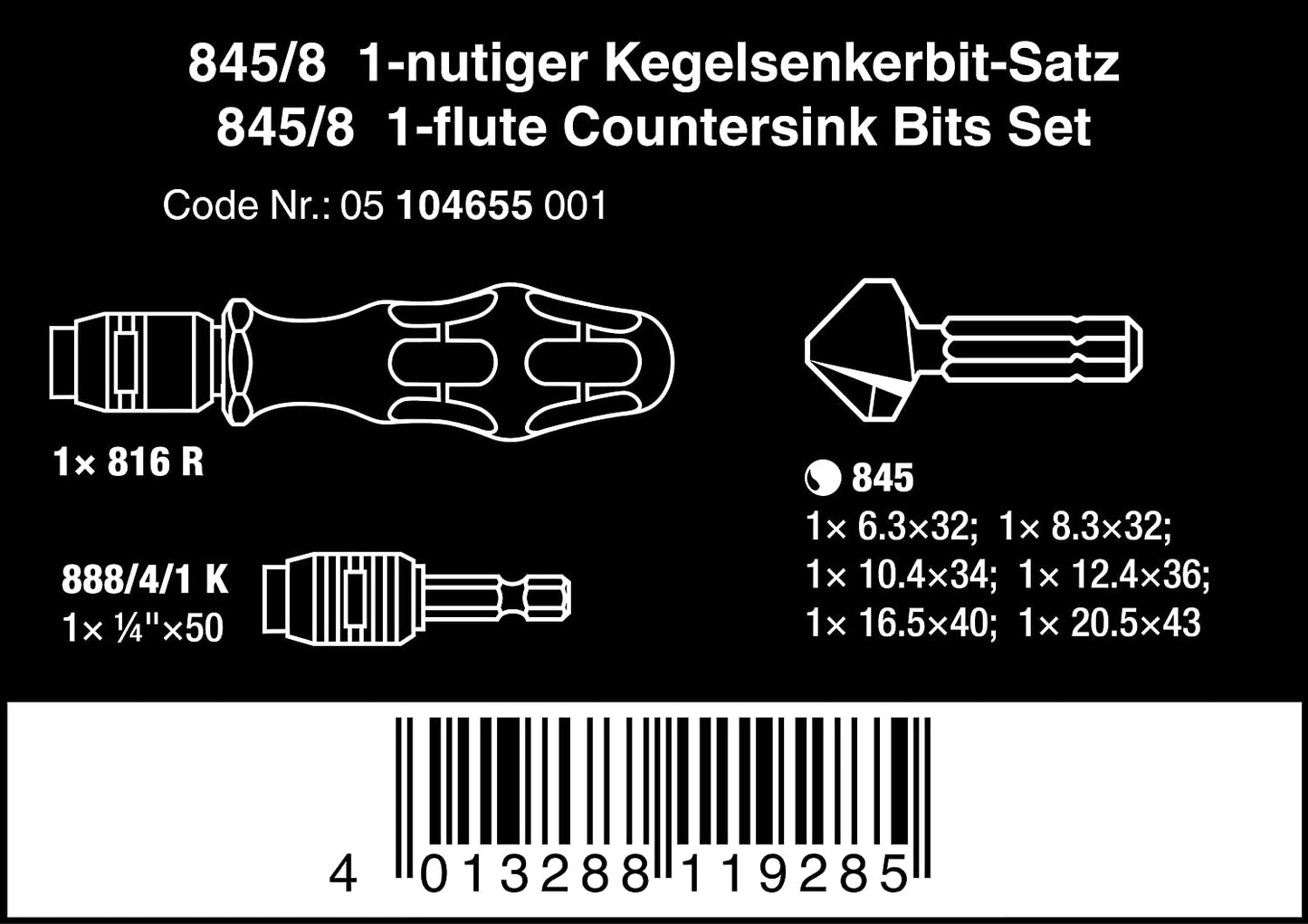 Kegelsenker Bit-Satz 845/8, 1-nutig, 1/4"