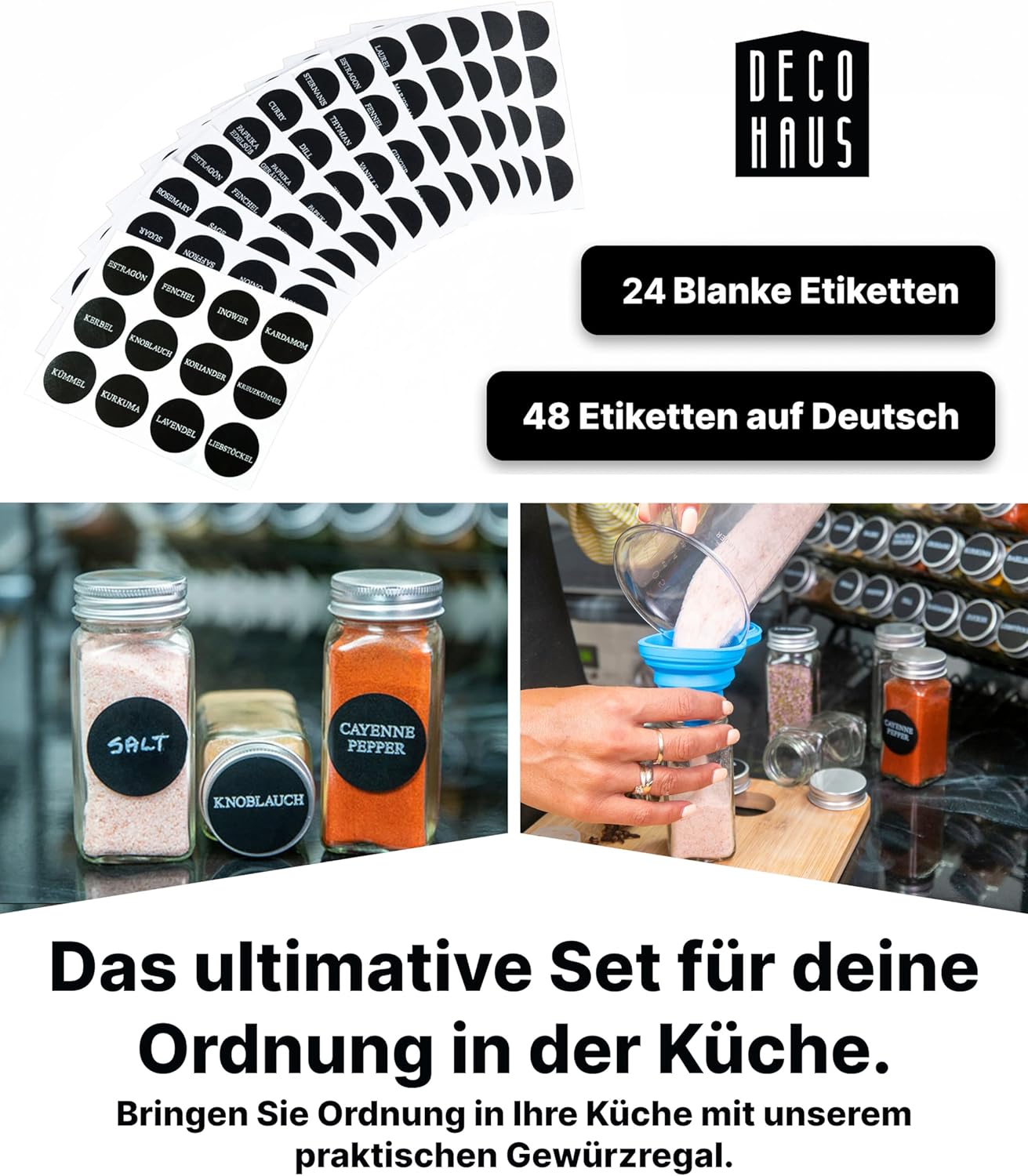 Gewürzregal mit Gewürzgläsern, 12 Set - Schwarz, Deckel Alu