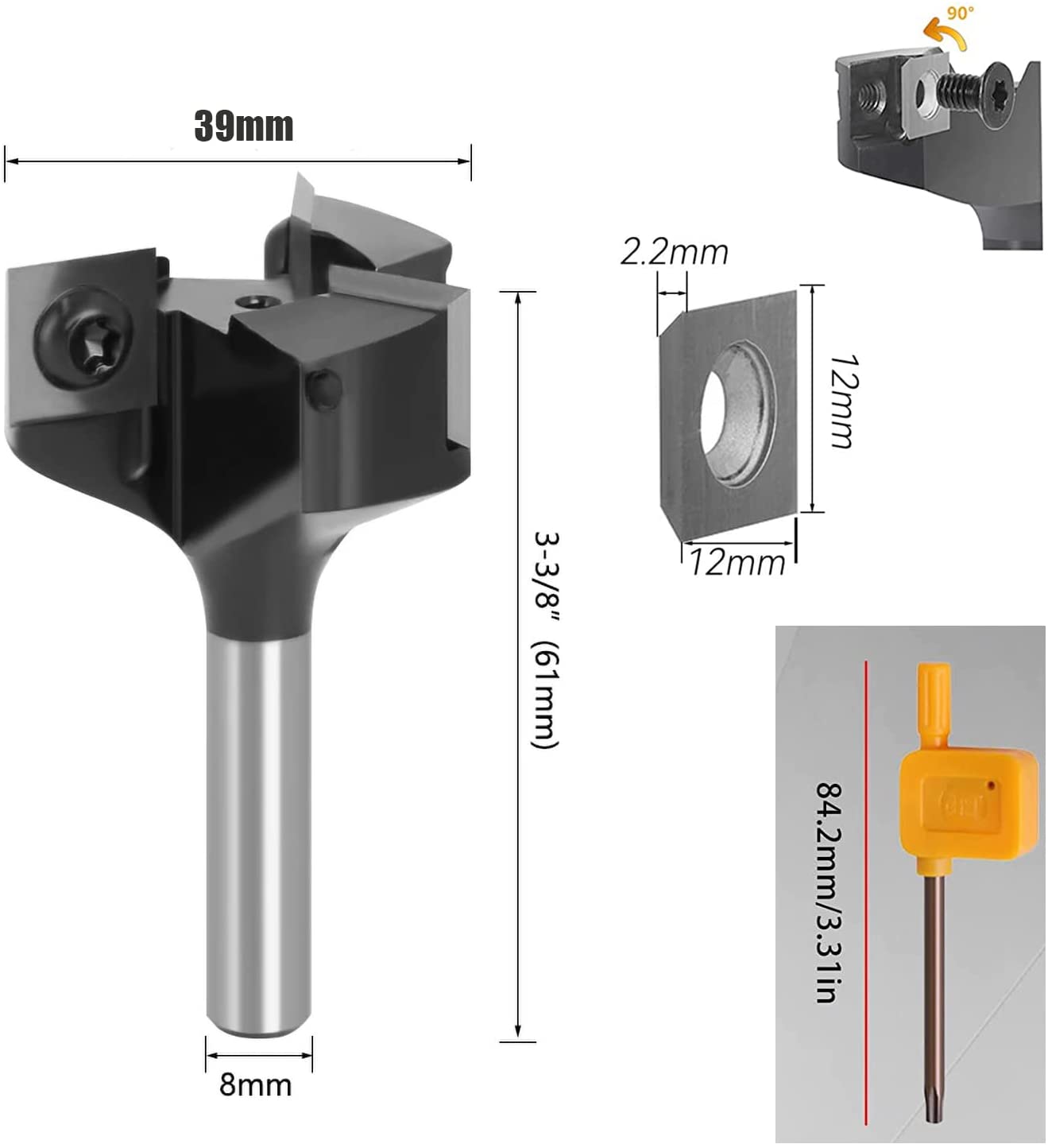 Planfräser 39mm, 8mm Schaft, 12mm Hartmetallmesser