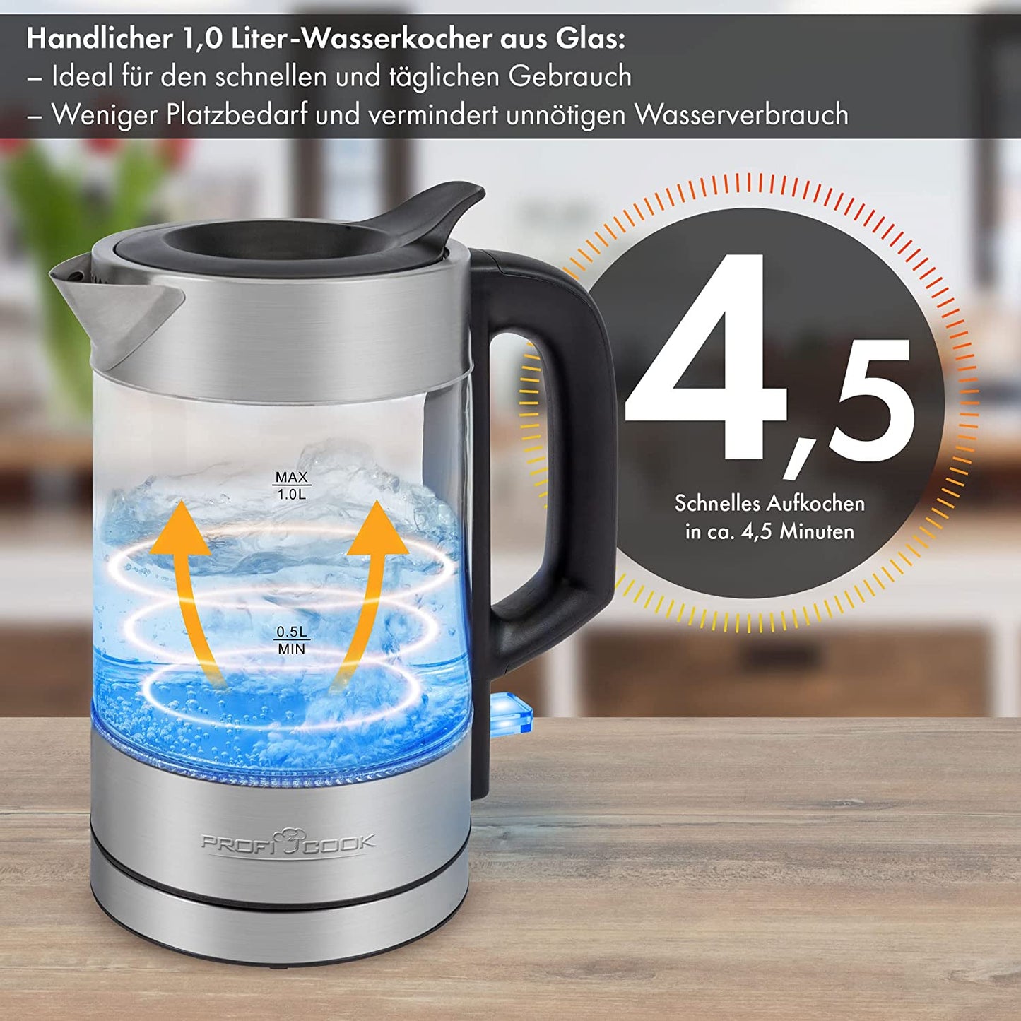 Glas-Wasserkocher PC-WKS 1229 G, 1 Liter
