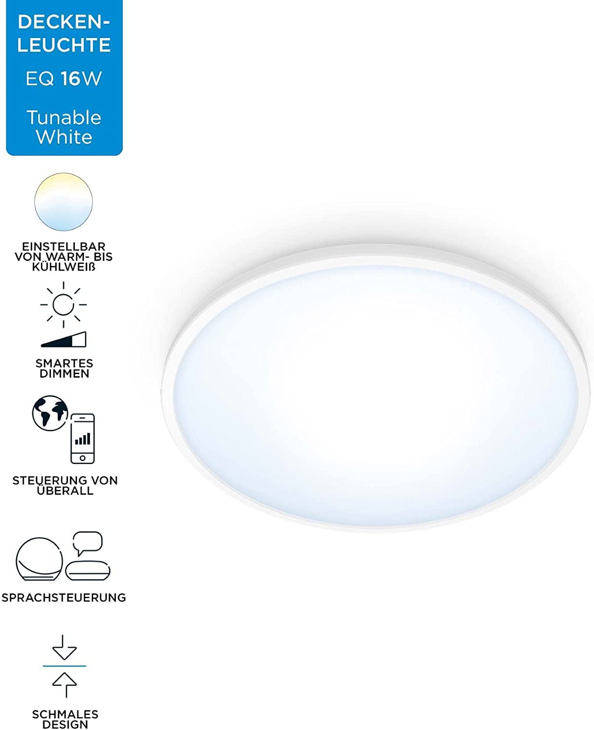 Superslim Deckenleuchte 16W, LED-Leuchte, Warm- bis Kaltweiss Ø292 mm Weiss