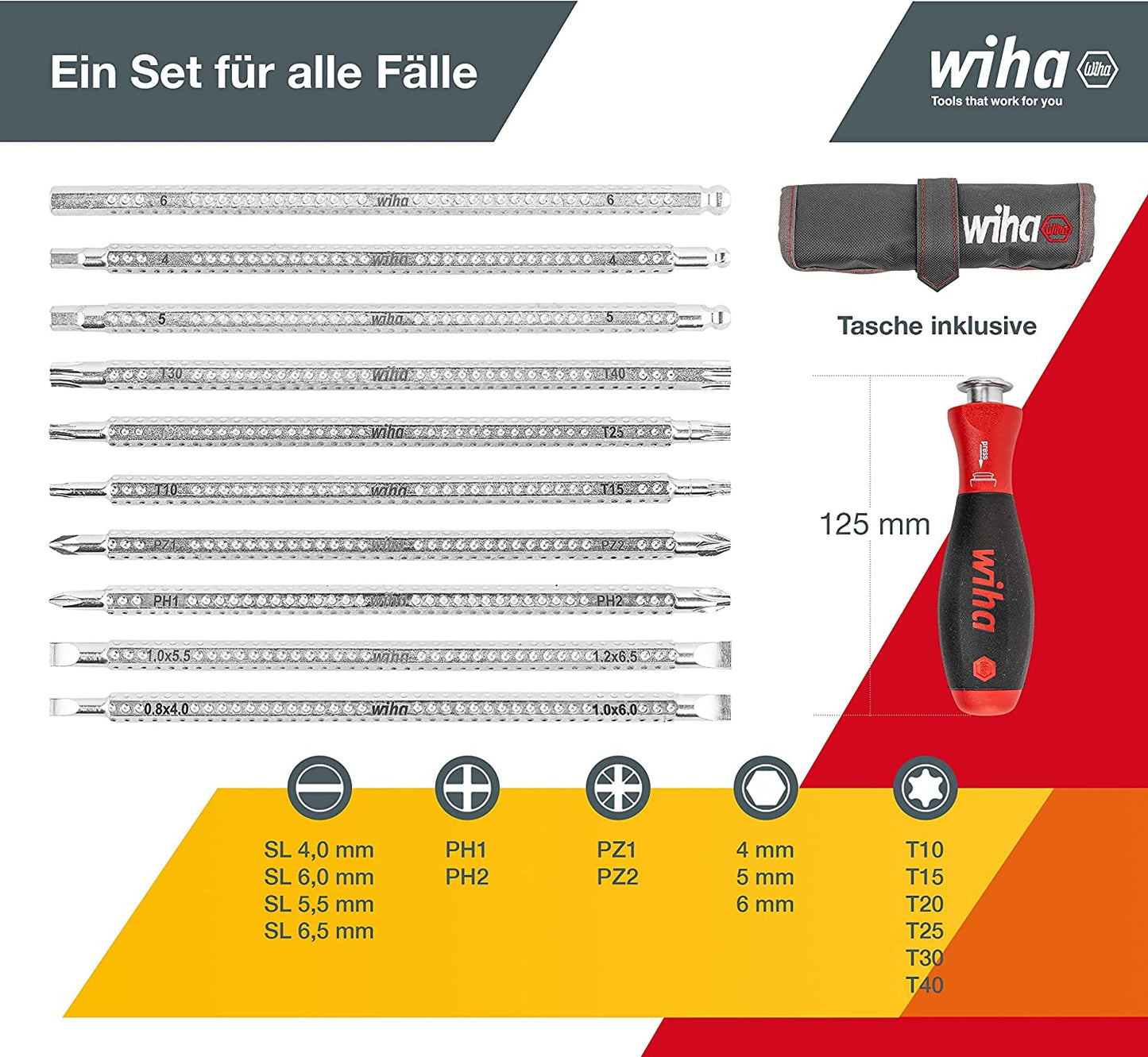 Schraubendreher mit Wechselklingen-Set SYSTEM 6, Set 11-tlg.: Schlitz, Phillips, Pozidriv, TORX, Sechskant