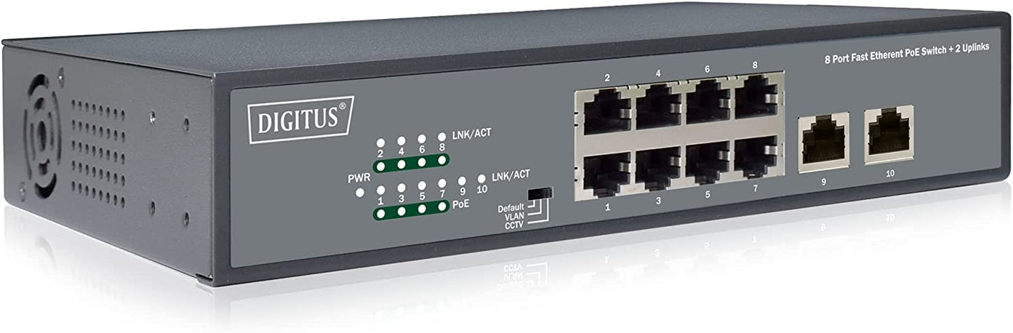 8-Port Fast Etherent PoE-Switch + 2 Uplinks, 8-Port + 2x Uplink Classic Unmanaged (PoE)