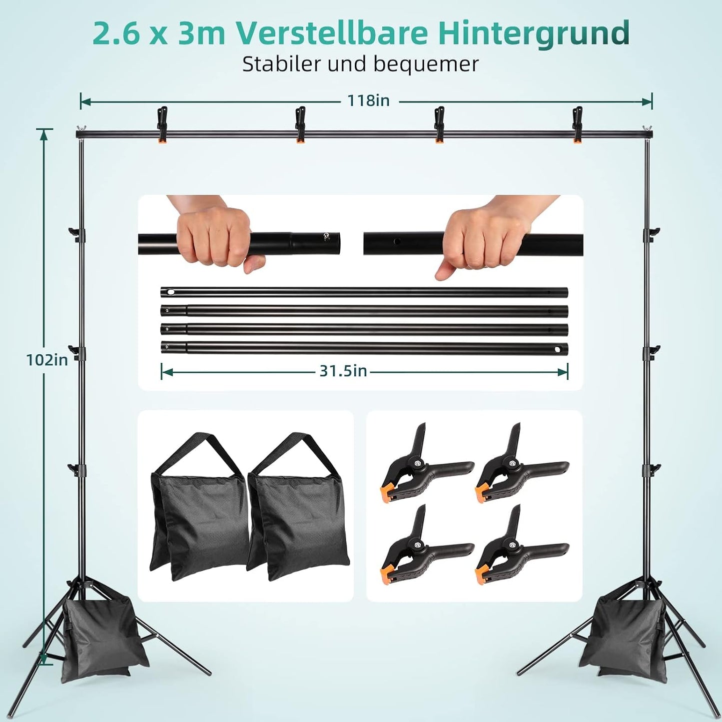 Fotostudio-Set, 31-teilig, Schwarz/Grün/Weiß