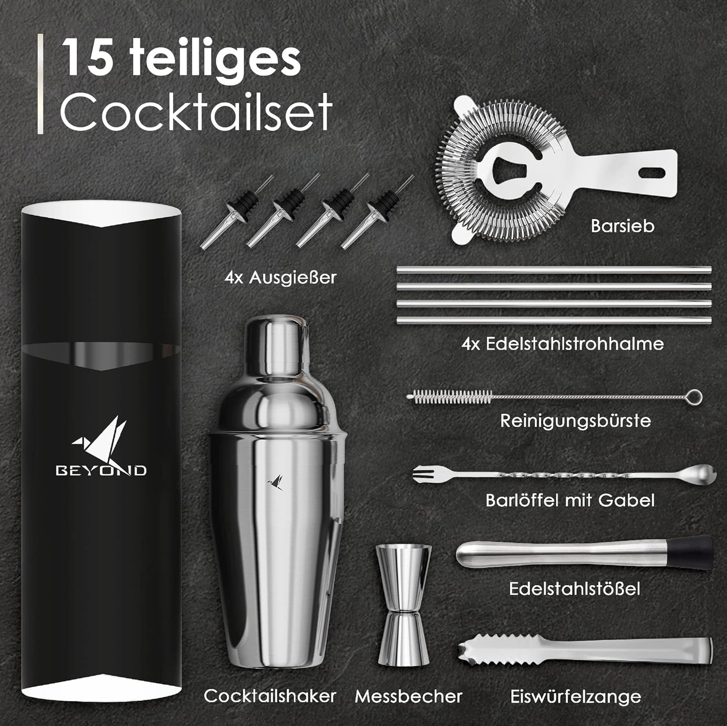 Cocktail-Set, 15-teilig, silberfarben