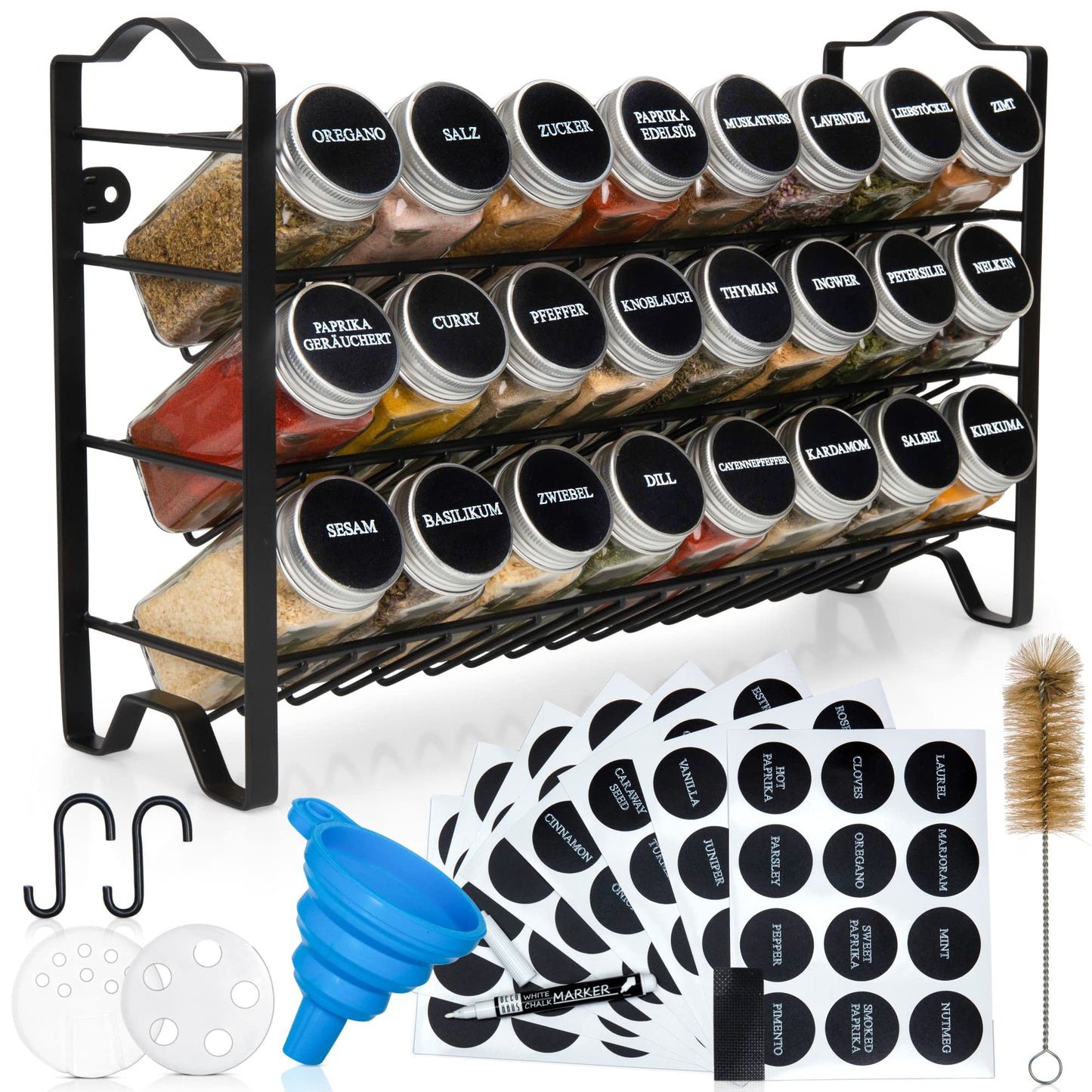 Gewürzregal mit Gewürzgläsern, 24 Set - Schwarz, Deckel Alu