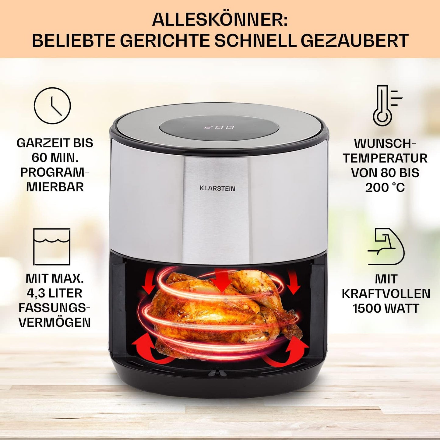 Heissluftfriteuse, Silber, 4,3 L
