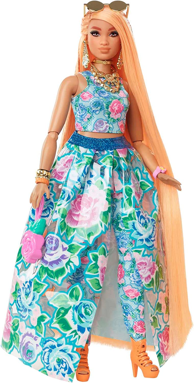 Barbie Extra Fancy Puppe im blauen Kleid mit Blumenmuster