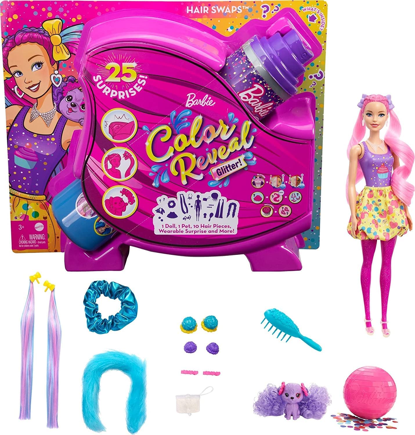 Barbie Color Reveal Glitzer! Haarwechsel Puppe Glitzerpink mit 25 Überraschungen