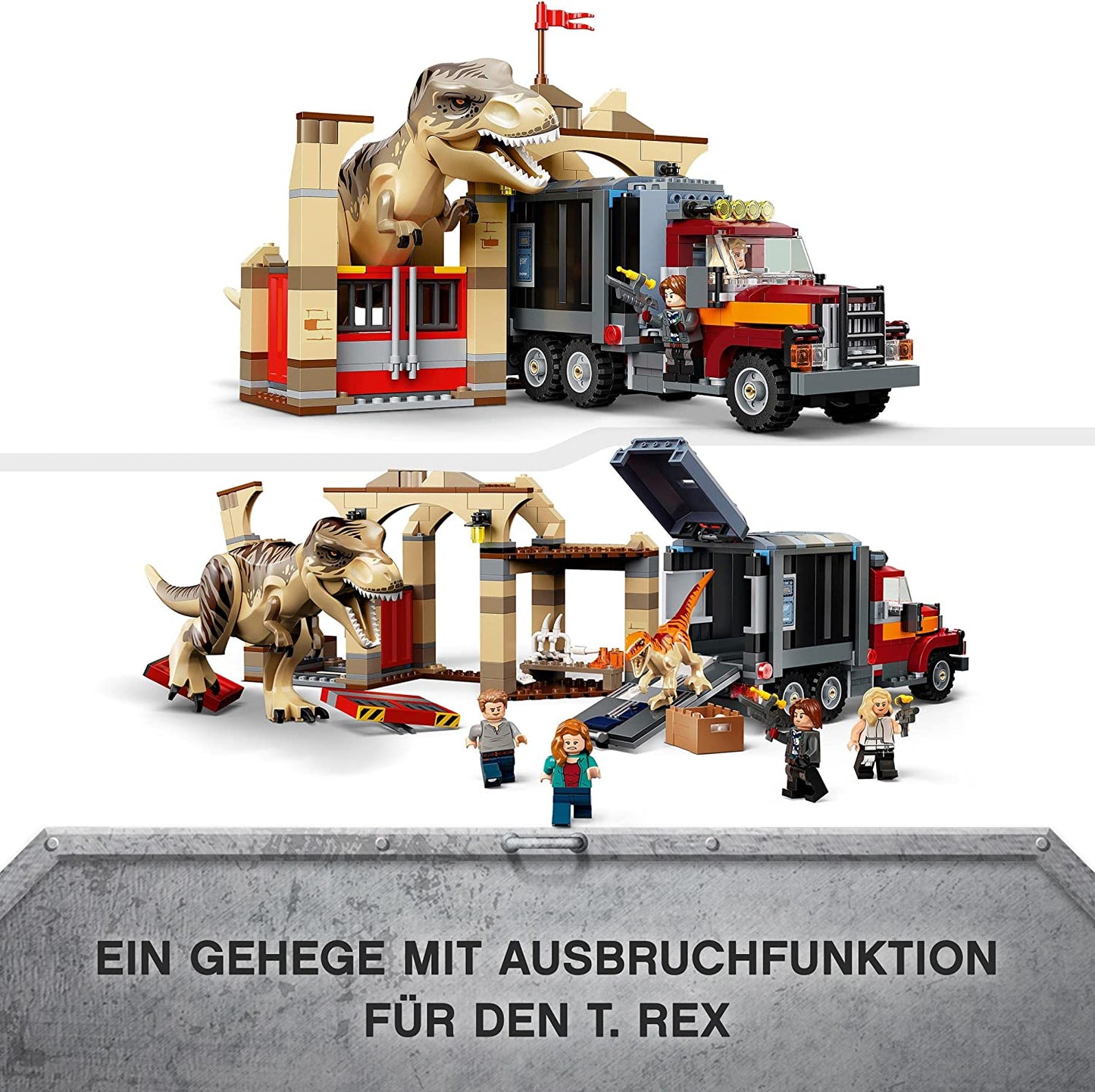 76948 Jurassic World T. Rex & Atrociraptor: Dinosaurier-Ausbruch, Konstruktionsspielzeug