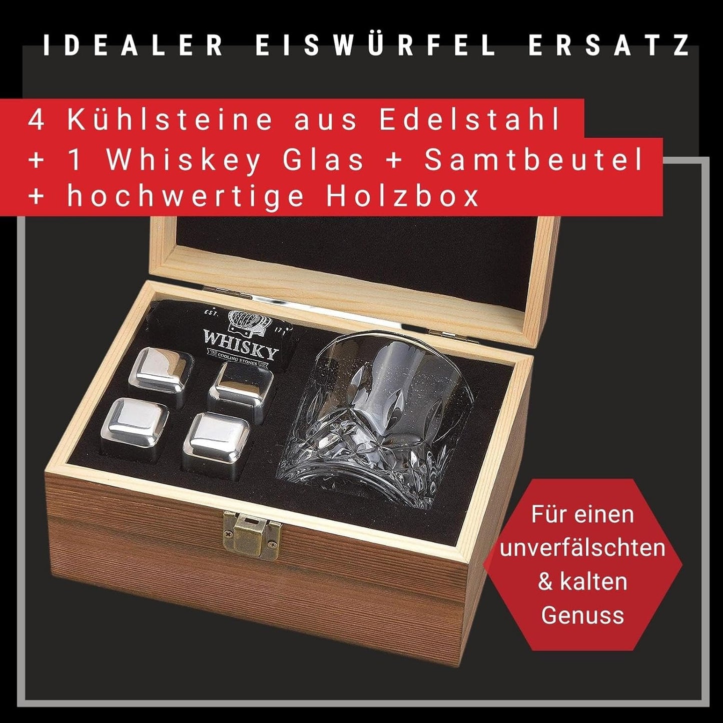 Whisky Steine Set, 4 Kühlsteine, 1 Glas + Holzschachtel