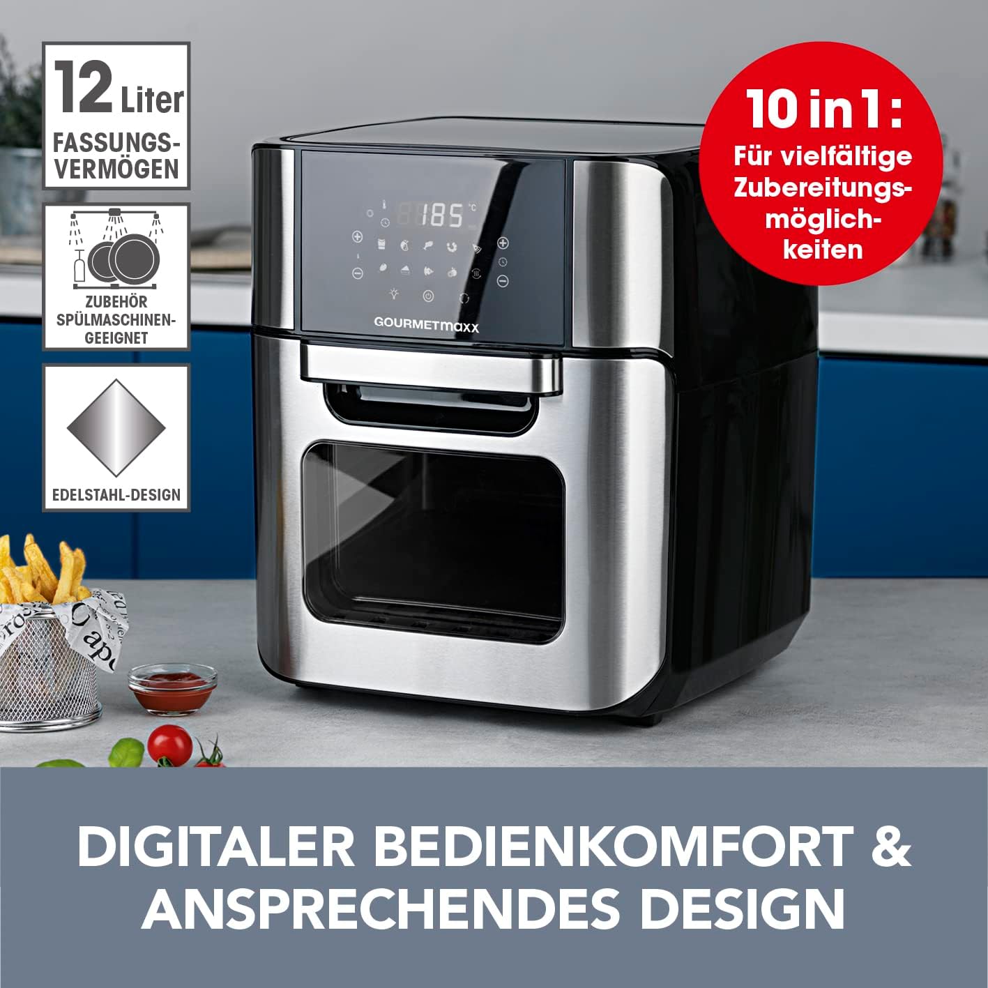 Heissluftfritteuse XXL, Edelstahl/Schwarz